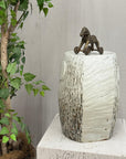 Textured White Glazed Ceramic Pedestal with Brown Detail - FEA Home