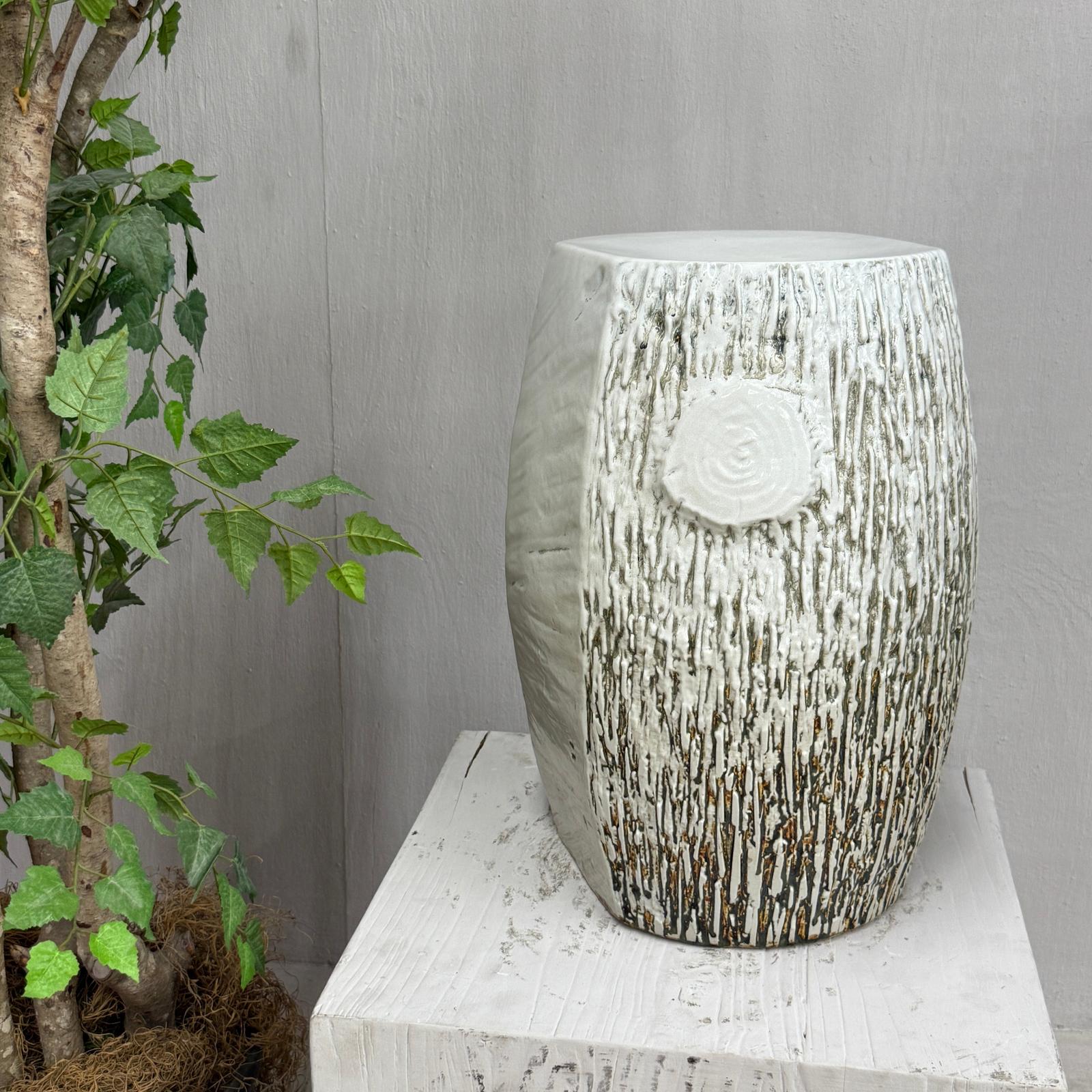 Textured White Glazed Ceramic Pedestal with Brown Detail - FEA Home