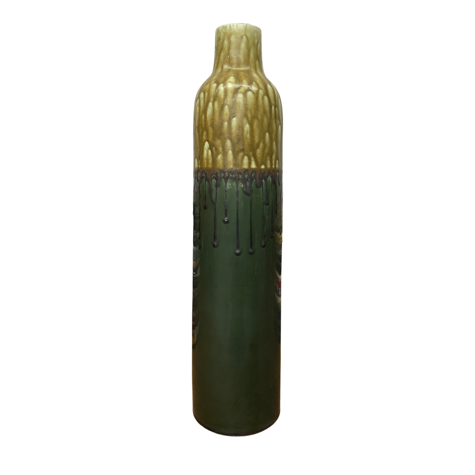 Two-Tone Green Ceramic Vase with Mustard Drip Glaze Accent - FEA Home
