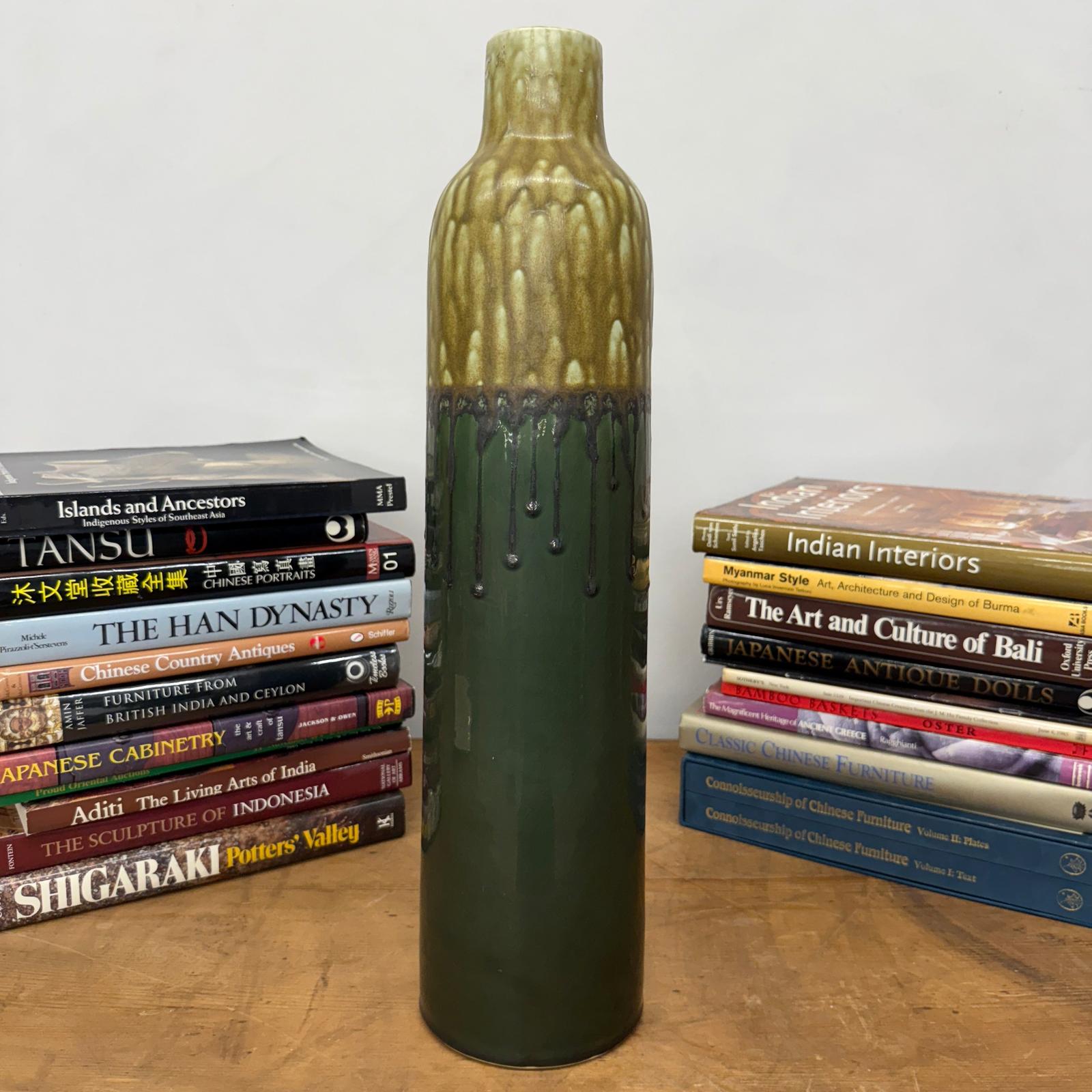 Two-Tone Green Ceramic Vase with Mustard Drip Glaze Accent - FEA Home