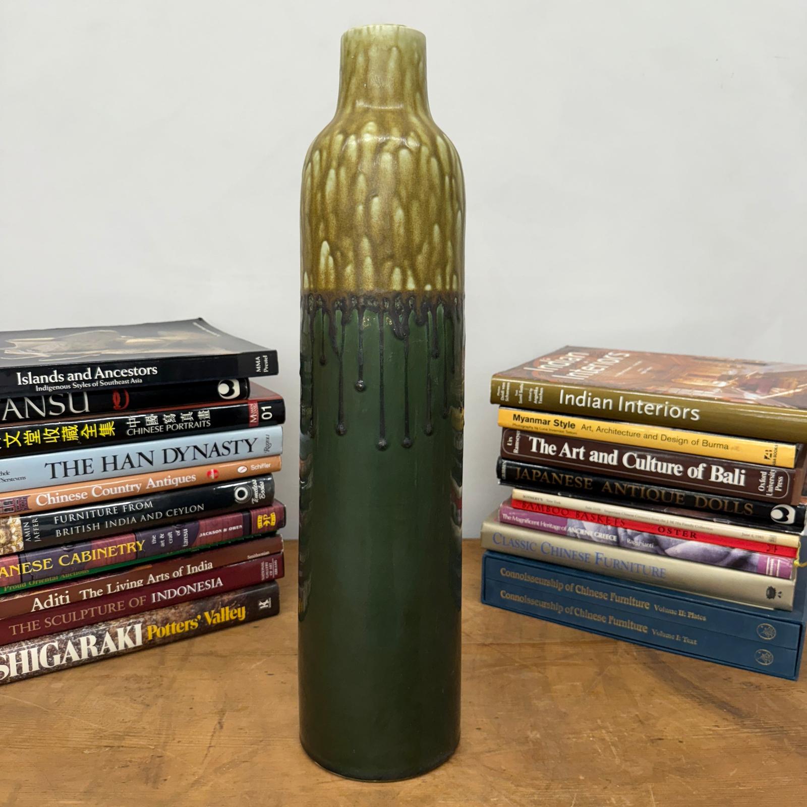 Two-Tone Green Ceramic Vase with Mustard Drip Glaze Accent - FEA Home