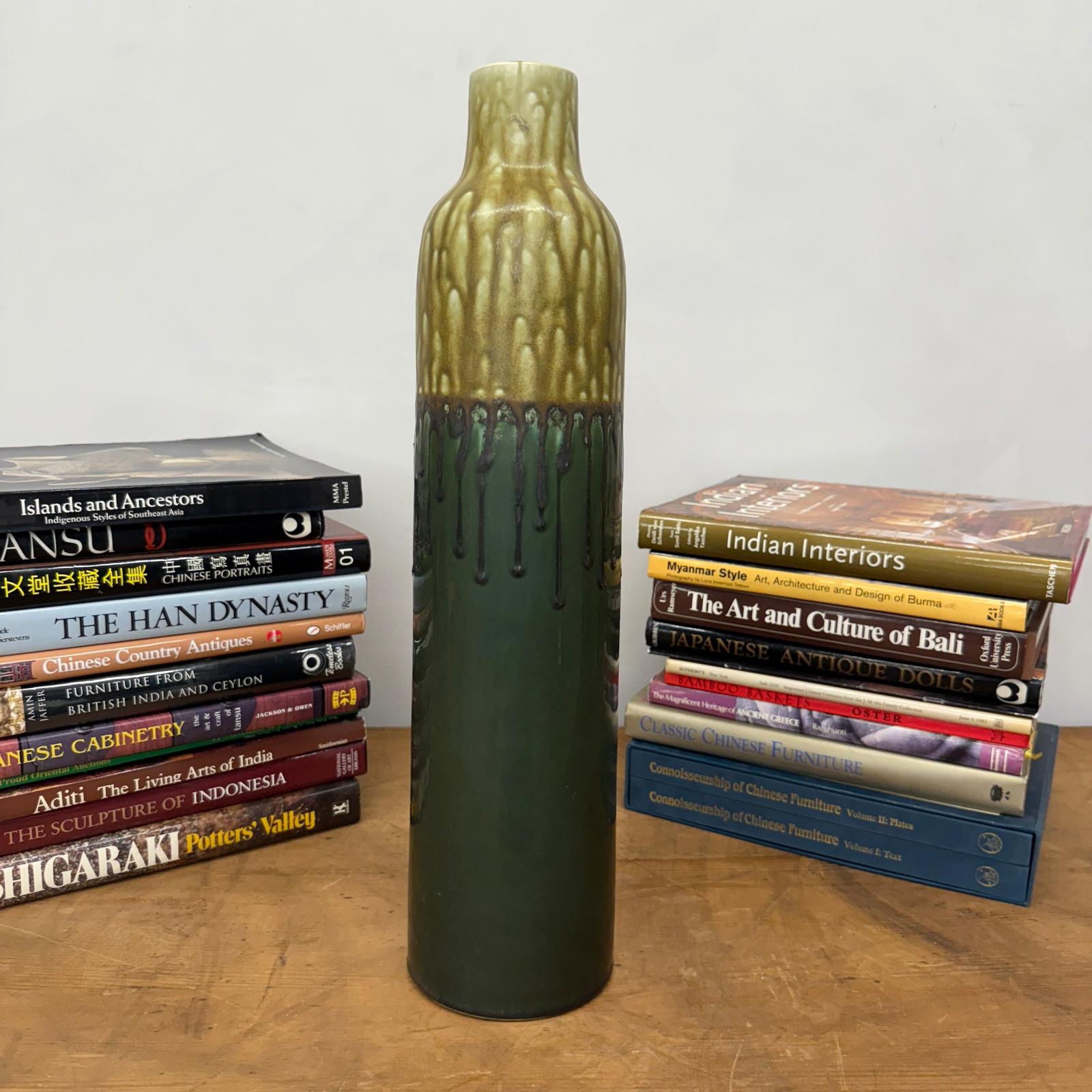 Two-Tone Green Ceramic Vase with Mustard Drip Glaze Accent - FEA Home