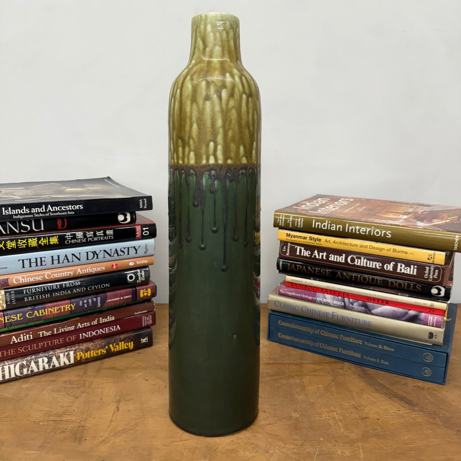 Two-Tone Green Ceramic Vase with Mustard Drip Glaze Accent - FEA Home