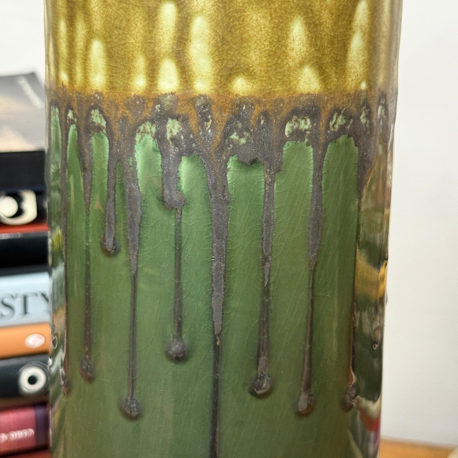Two-Tone Green Ceramic Vase with Mustard Drip Glaze Accent - FEA Home