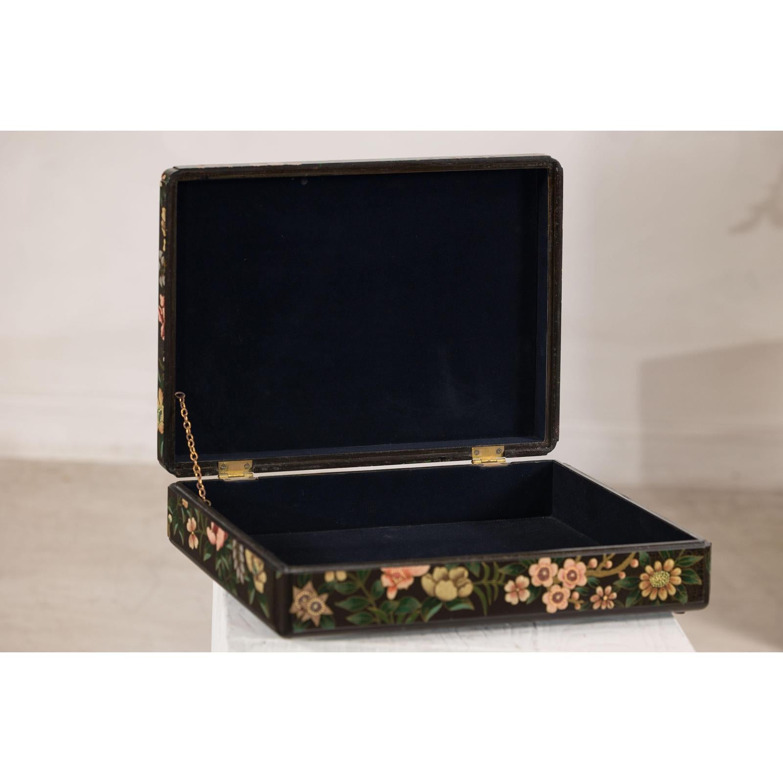 Vintage Black Lacquer Box with Flowers &amp; Birds and Felt Interior
