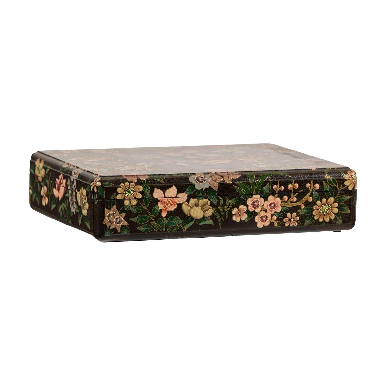 Vintage Black Lacquer Box with Flowers &amp; Birds and Felt Interior