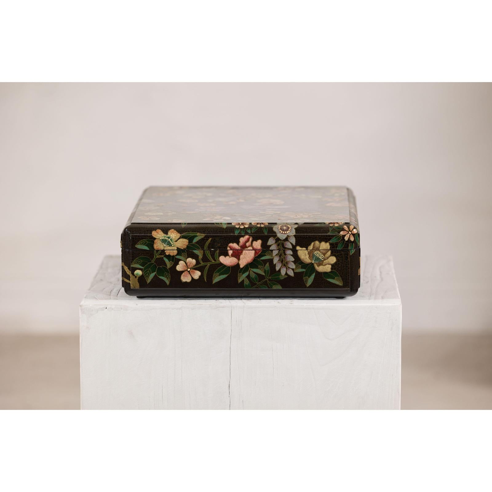 Vintage Black Lacquer Box with Flowers &amp; Birds and Felt Interior