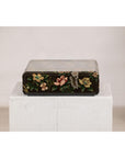 Vintage Black Lacquer Box with Flowers & Birds and Felt Interior