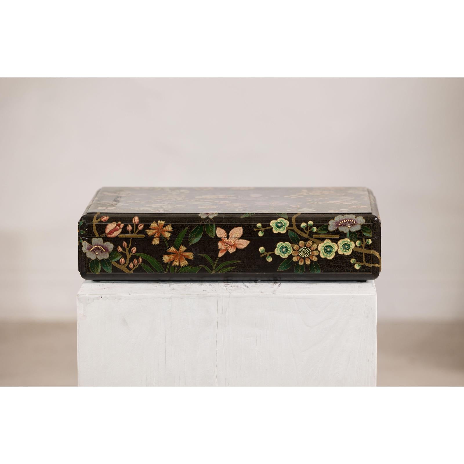 Vintage Black Lacquer Box with Flowers &amp; Birds and Felt Interior