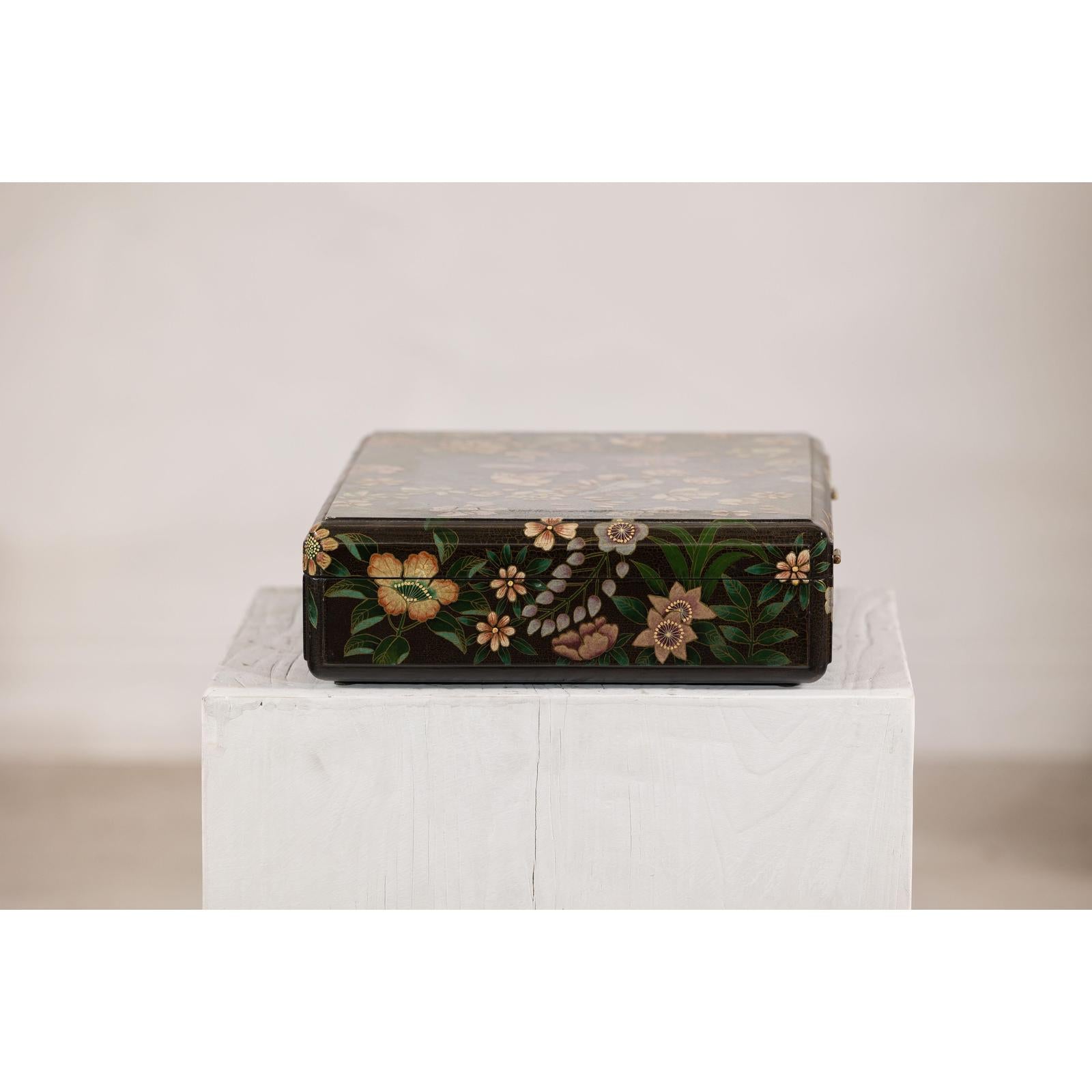 Vintage Black Lacquer Box with Flowers &amp; Birds and Felt Interior