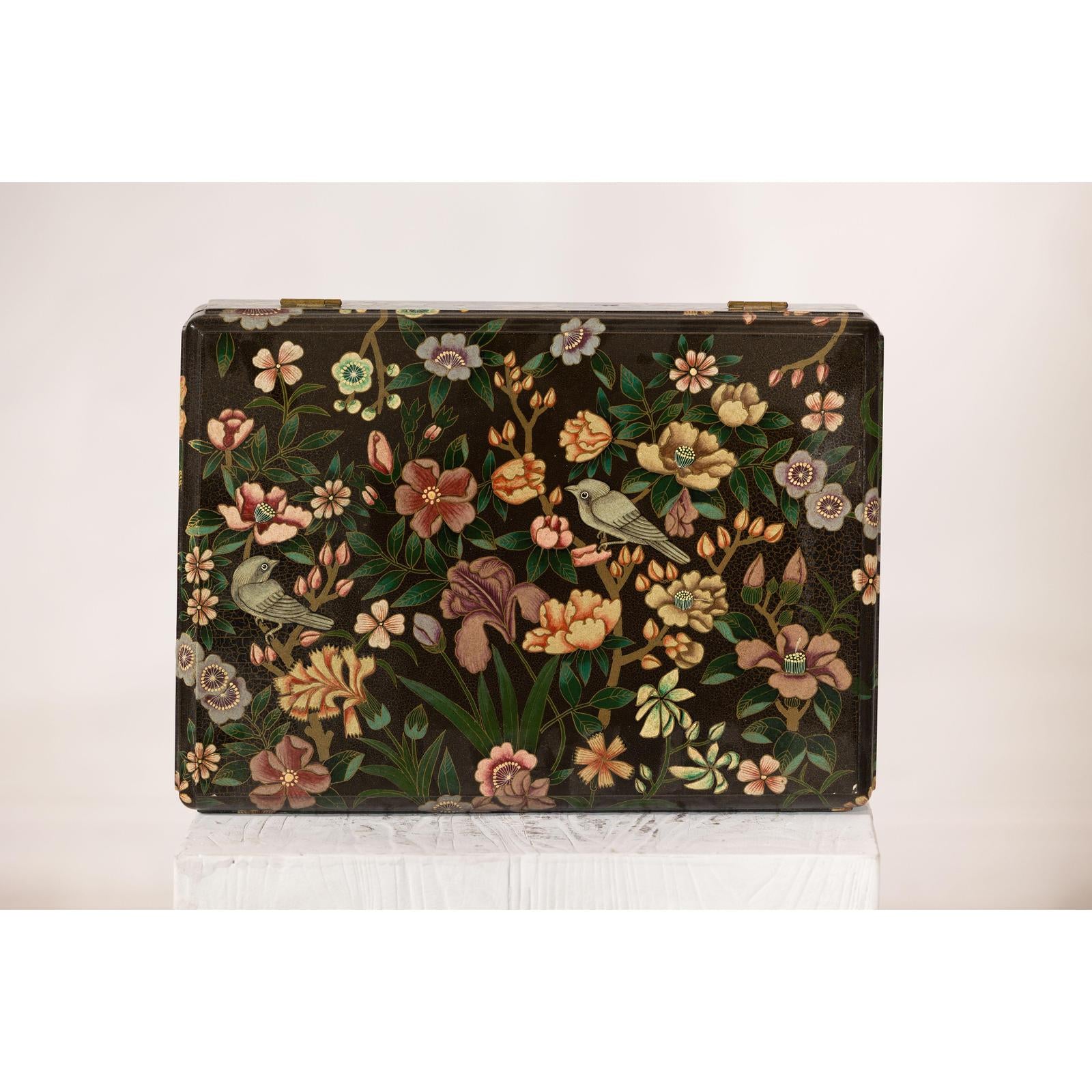Vintage Black Lacquer Box with Flowers &amp; Birds and Felt Interior