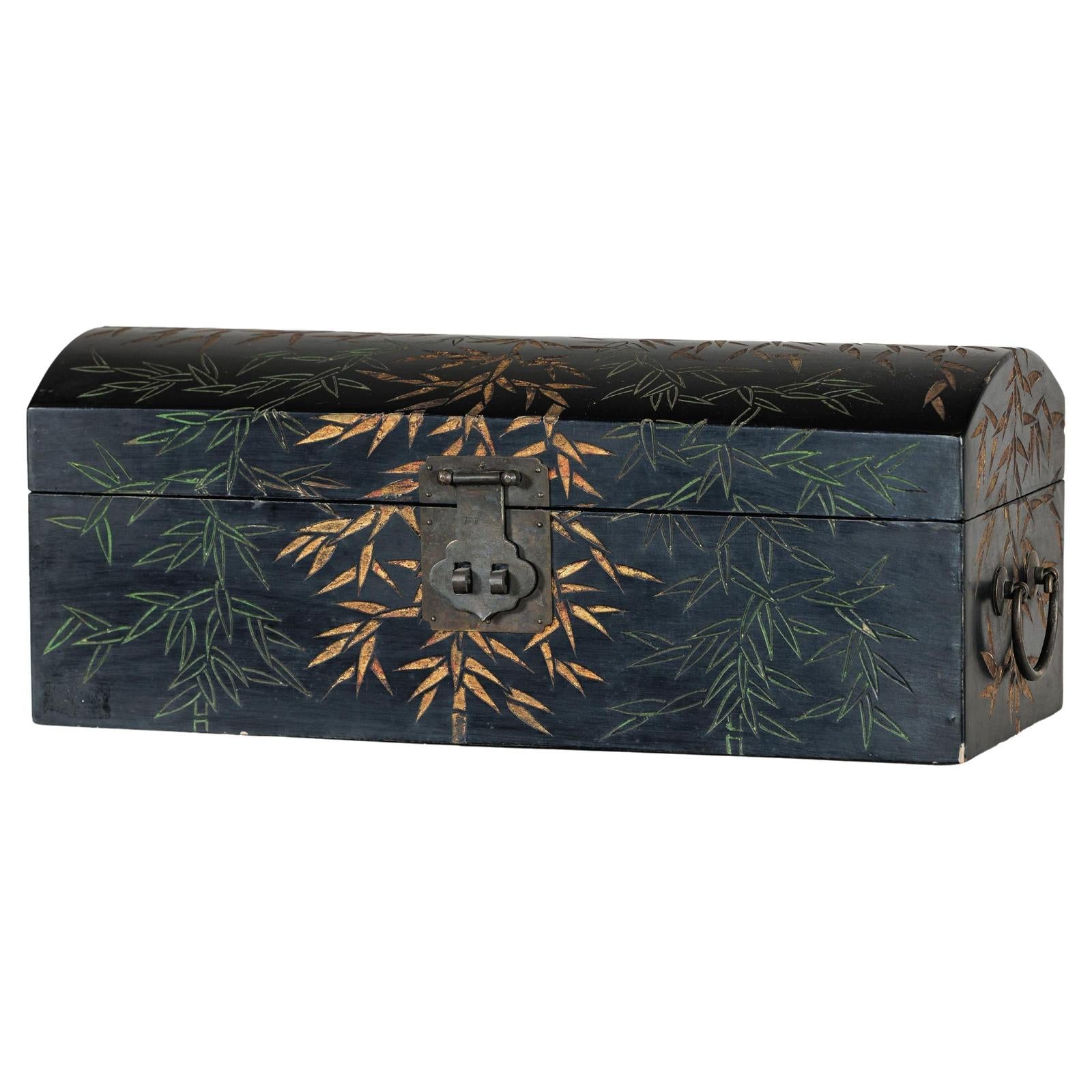 Vintage Black Lacquer Box with Gilt Bamboo and Green Leaf Motifs-1. Asian & Chinese Furniture, Art, Antiques, Vintage Home Décor for sale at FEA Home