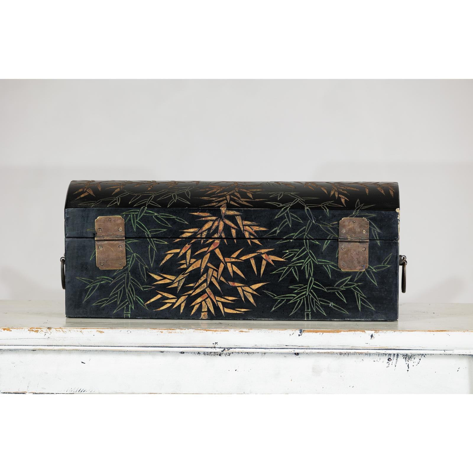 Vintage Black Lacquer Box with Gilt Bamboo and Green Leaf Motifs-11. Asian &amp; Chinese Furniture, Art, Antiques, Vintage Home Décor for sale at FEA Home