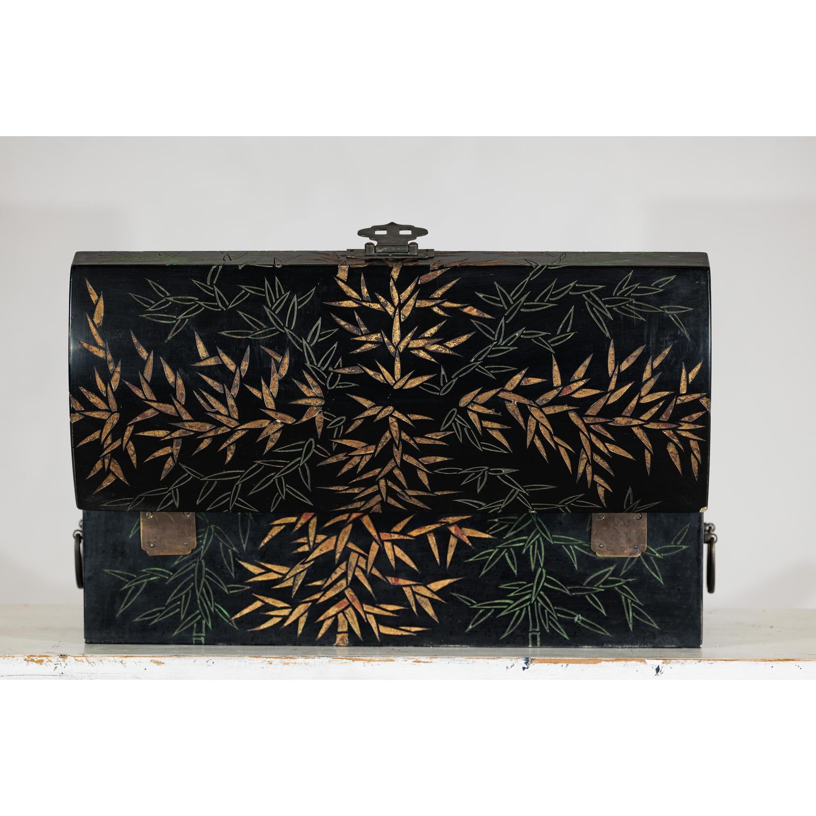 Vintage Black Lacquer Box with Gilt Bamboo and Green Leaf Motifs-13. Asian &amp; Chinese Furniture, Art, Antiques, Vintage Home Décor for sale at FEA Home