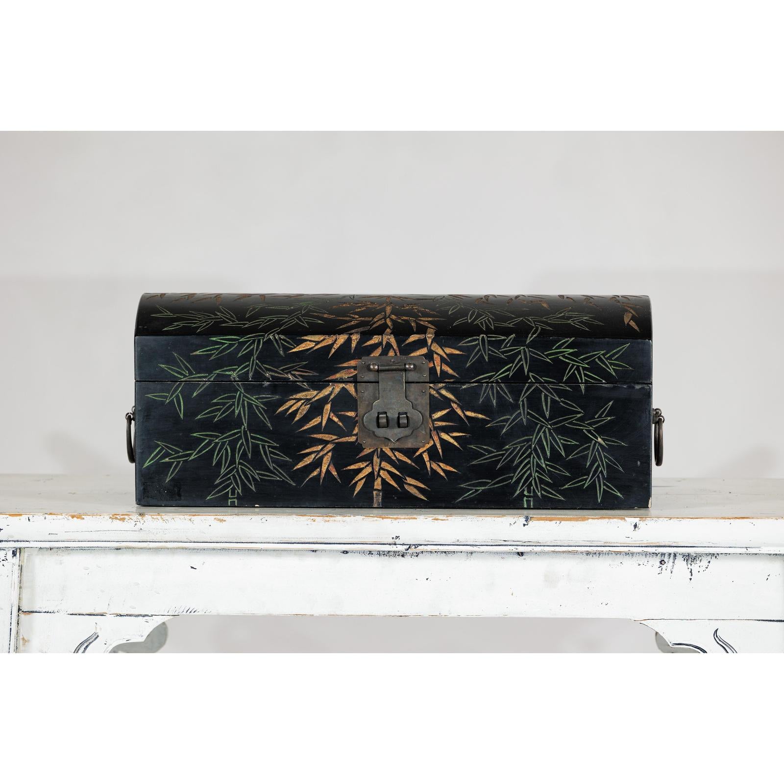 Vintage Black Lacquer Box with Gilt Bamboo and Green Leaf Motifs-15. Asian &amp; Chinese Furniture, Art, Antiques, Vintage Home Décor for sale at FEA Home