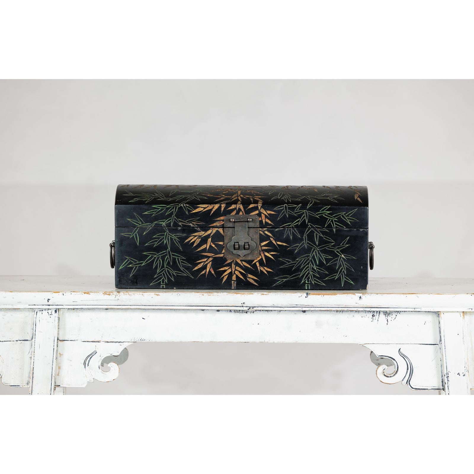 Vintage Black Lacquer Box with Gilt Bamboo and Green Leaf Motifs-2. Asian & Chinese Furniture, Art, Antiques, Vintage Home Décor for sale at FEA Home