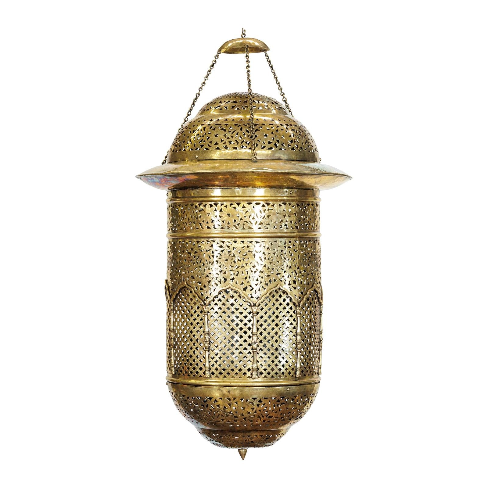 Vintage Brass Hanging Lantern with Floral and Lattice Motifs-1. Asian &amp; Chinese Furniture, Art, Antiques, Vintage Home Décor for sale at FEA Home