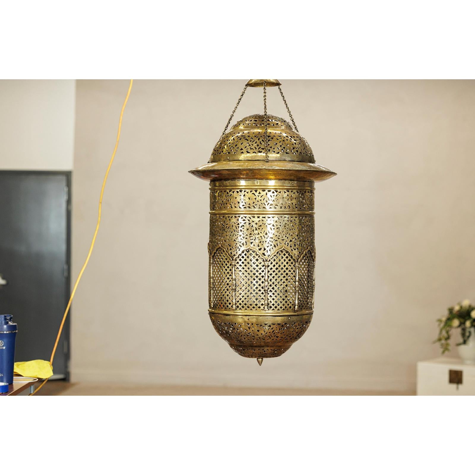 Vintage Brass Hanging Lantern with Floral and Lattice Motifs-3. Asian &amp; Chinese Furniture, Art, Antiques, Vintage Home Décor for sale at FEA Home