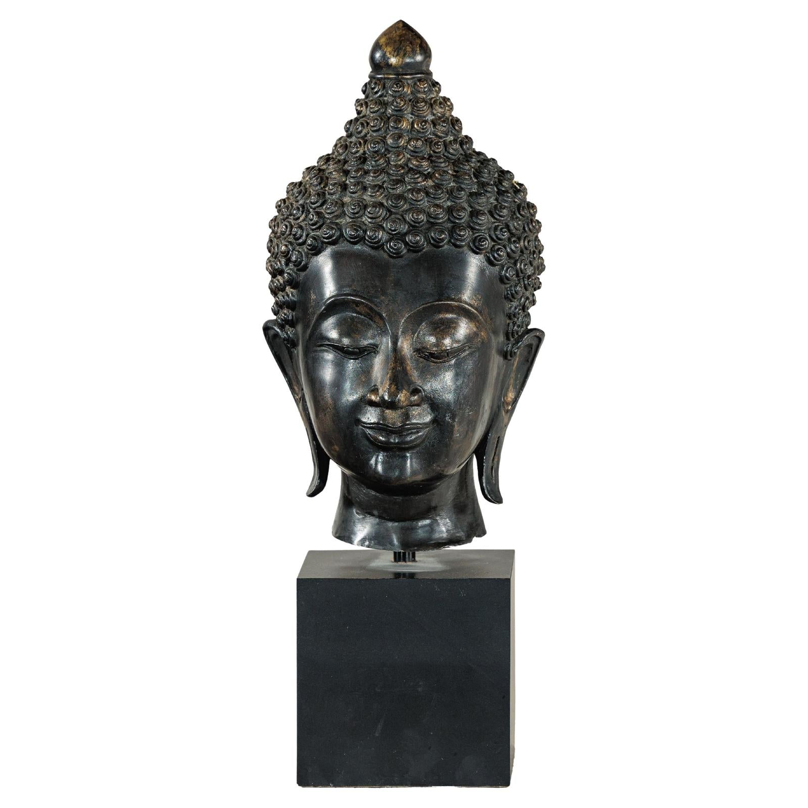 Vintage Bronze Buddha Head Sculpture Mounted on Black Laminate Display Base-1. Asian & Chinese Furniture, Art, Antiques, Vintage Home Décor for sale at FEA Home