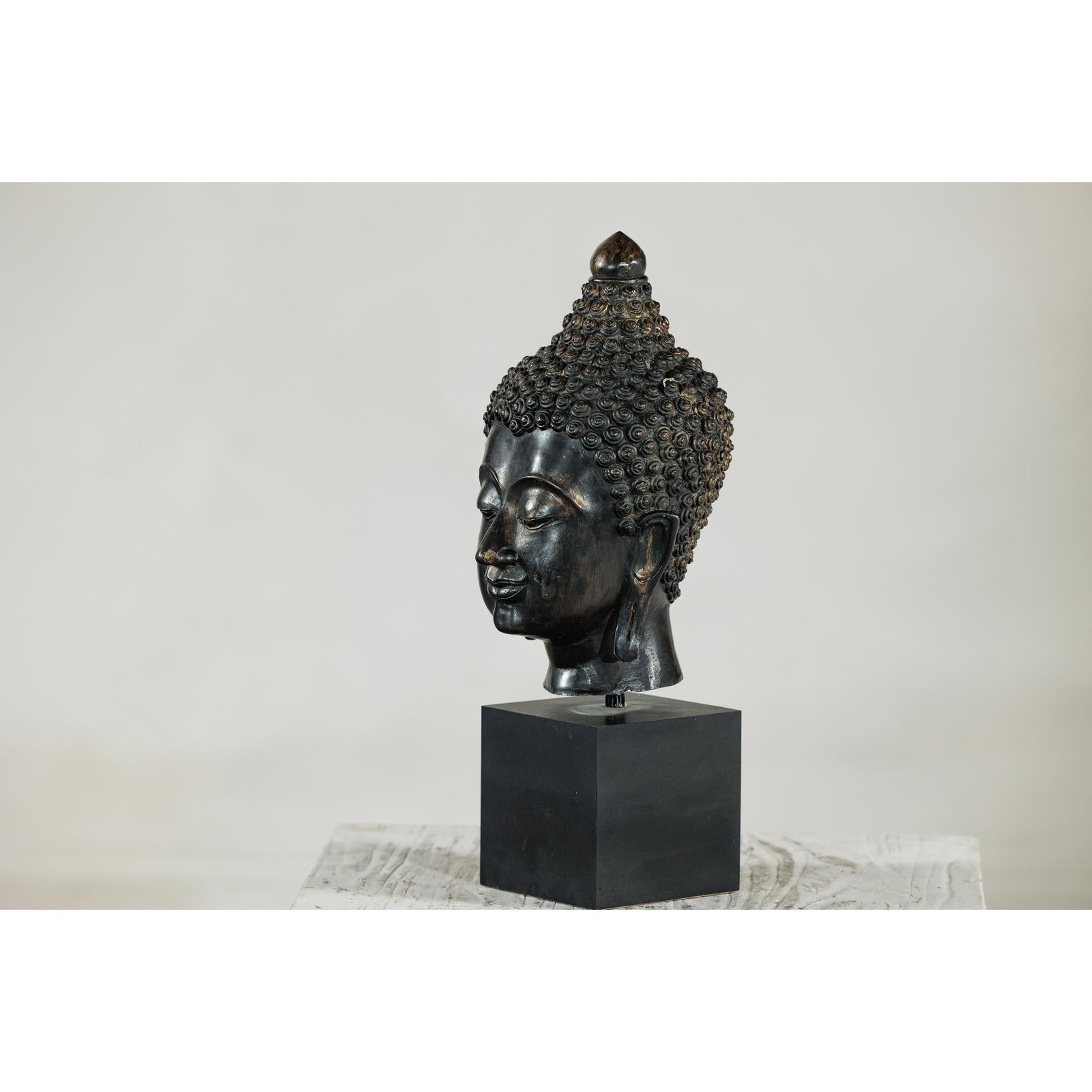 Vintage Bronze Buddha Head Sculpture Mounted on Black Laminate Display Base-10. Asian &amp; Chinese Furniture, Art, Antiques, Vintage Home Décor for sale at FEA Home
