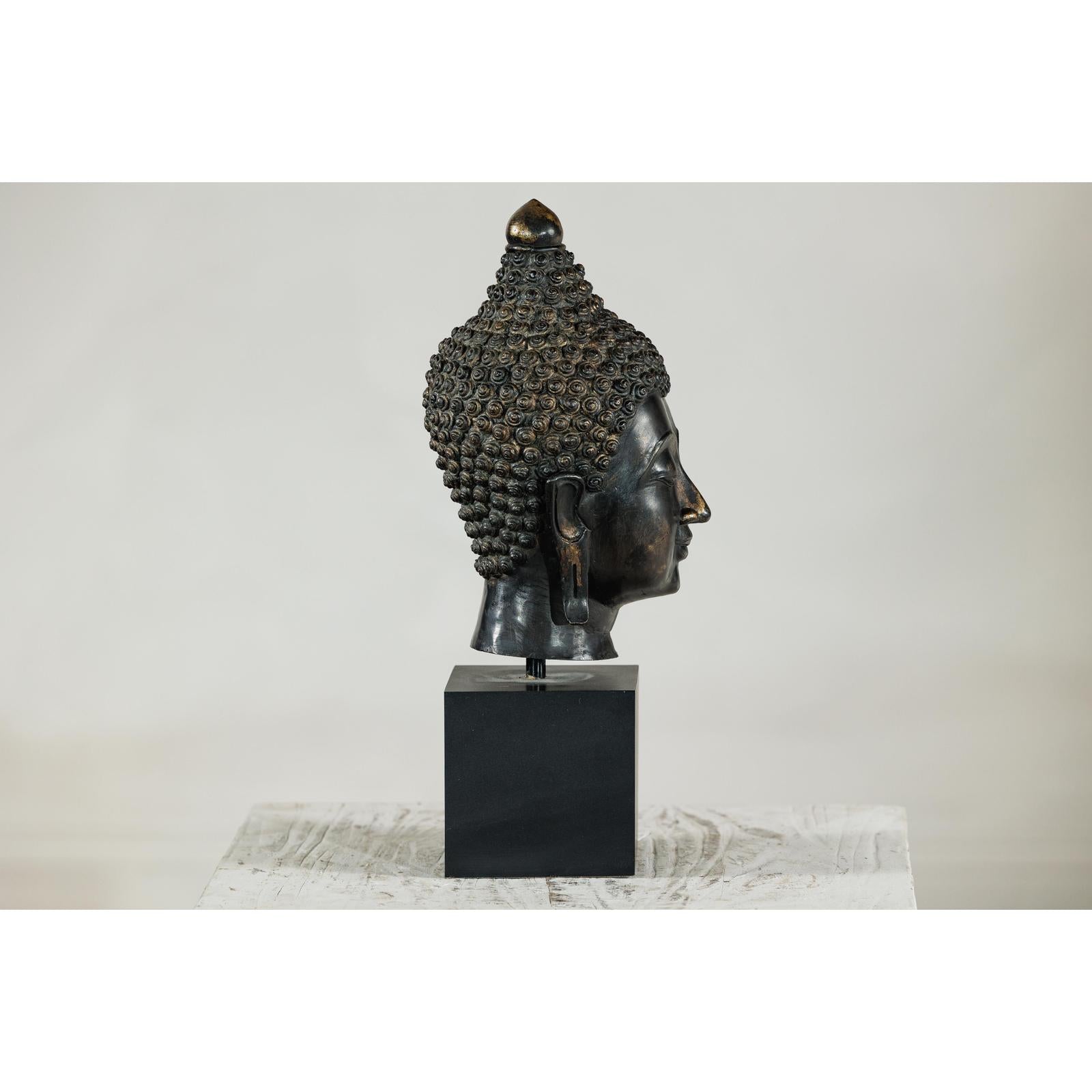 Vintage Bronze Buddha Head Sculpture Mounted on Black Laminate Display Base-11. Asian &amp; Chinese Furniture, Art, Antiques, Vintage Home Décor for sale at FEA Home