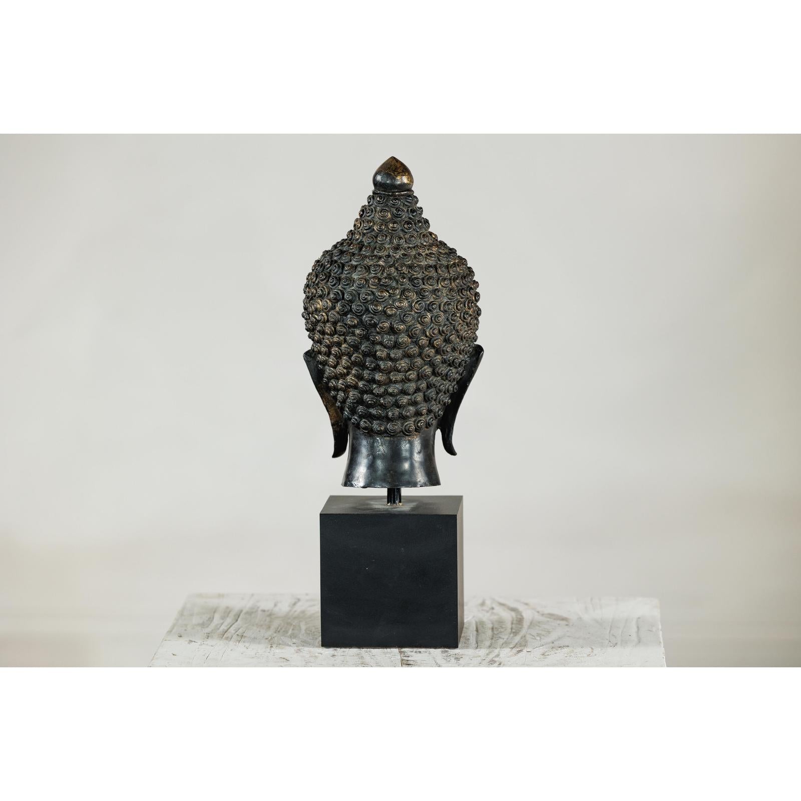Vintage Bronze Buddha Head Sculpture Mounted on Black Laminate Display Base-12. Asian &amp; Chinese Furniture, Art, Antiques, Vintage Home Décor for sale at FEA Home