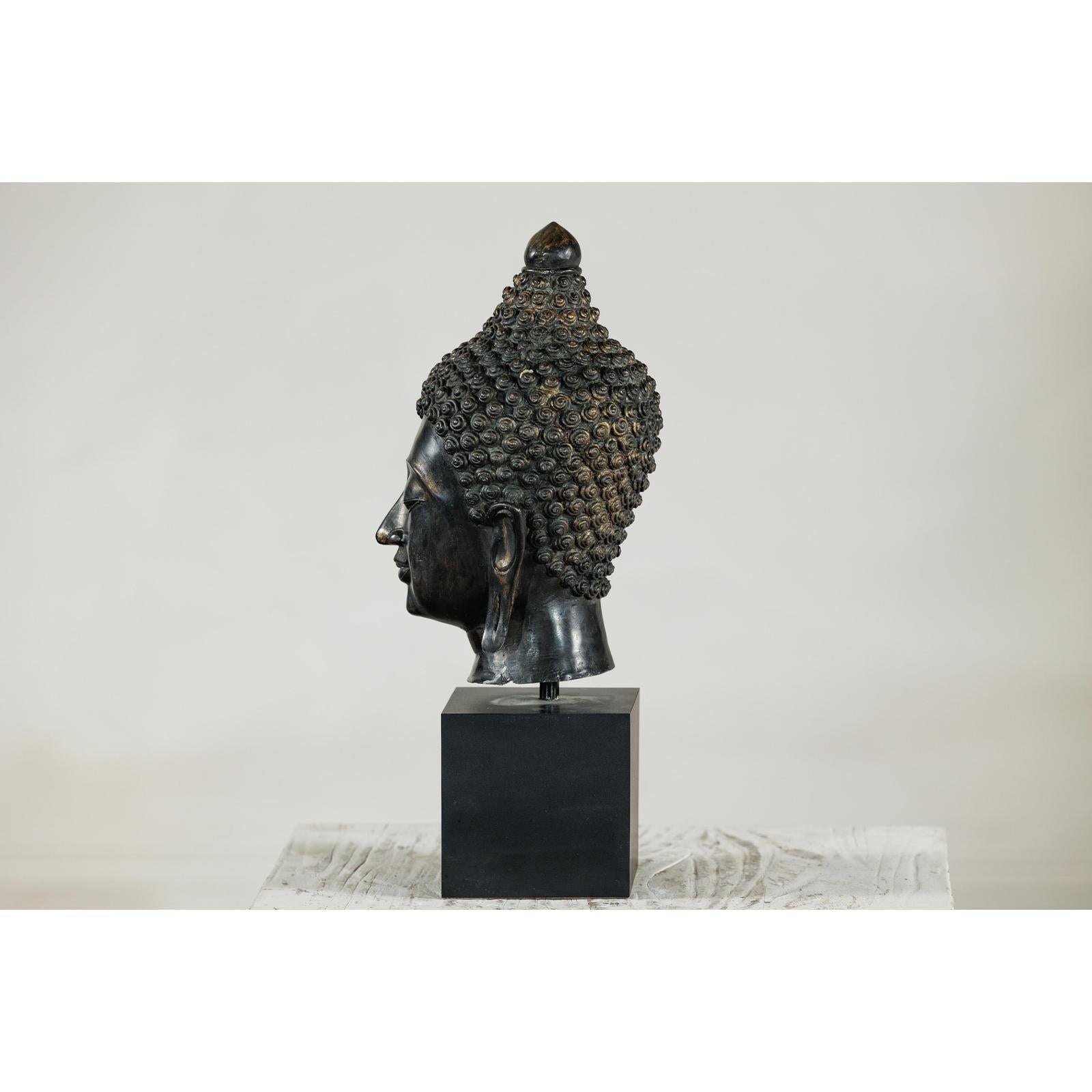 Vintage Bronze Buddha Head Sculpture Mounted on Black Laminate Display Base-13. Asian &amp; Chinese Furniture, Art, Antiques, Vintage Home Décor for sale at FEA Home