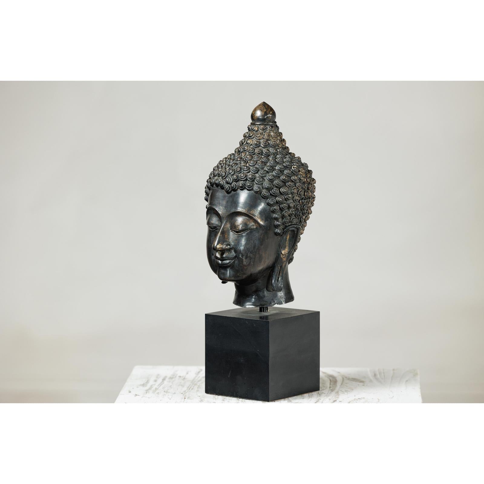 Vintage Bronze Buddha Head Sculpture Mounted on Black Laminate Display Base-14. Asian &amp; Chinese Furniture, Art, Antiques, Vintage Home Décor for sale at FEA Home
