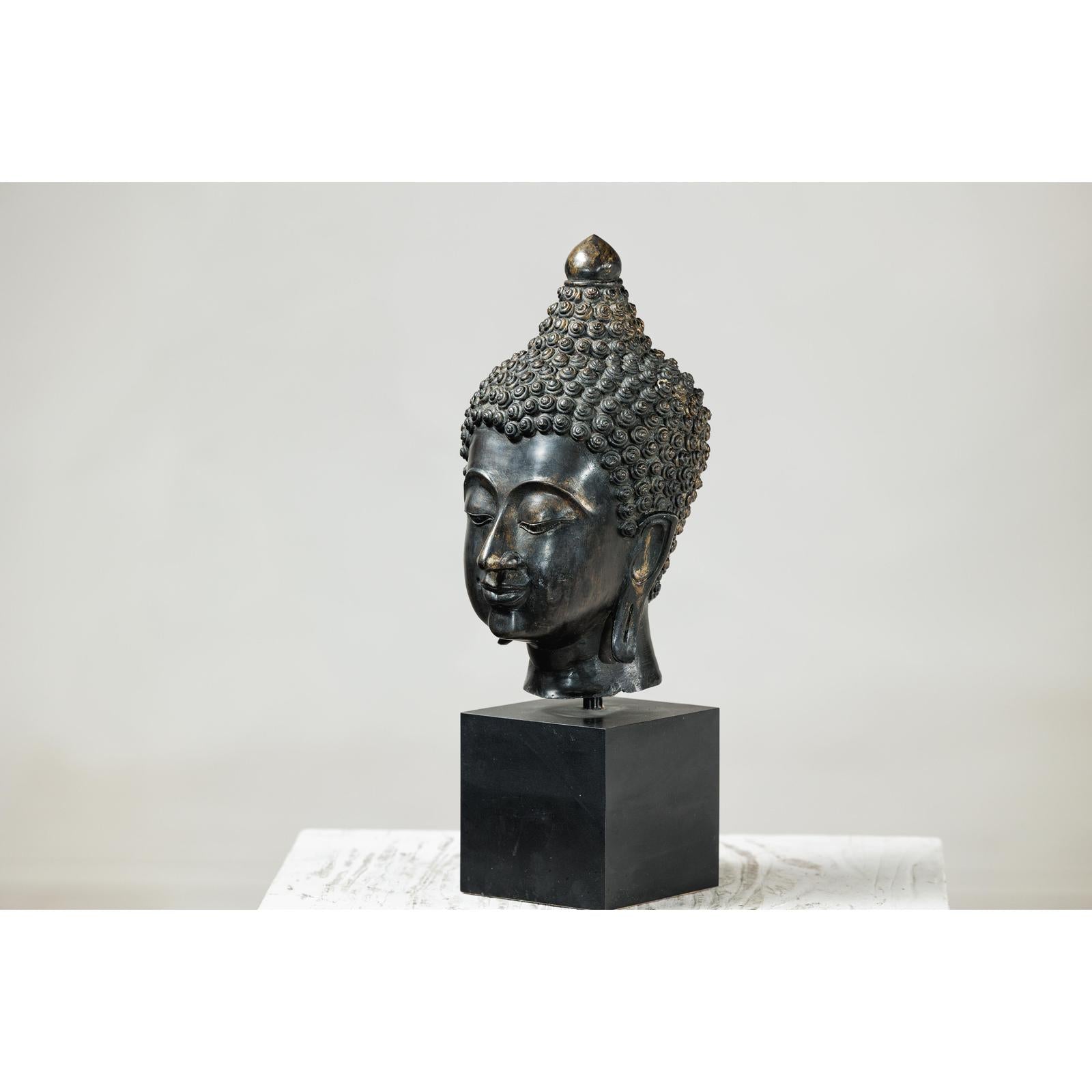Vintage Bronze Buddha Head Sculpture Mounted on Black Laminate Display Base-15. Asian &amp; Chinese Furniture, Art, Antiques, Vintage Home Décor for sale at FEA Home