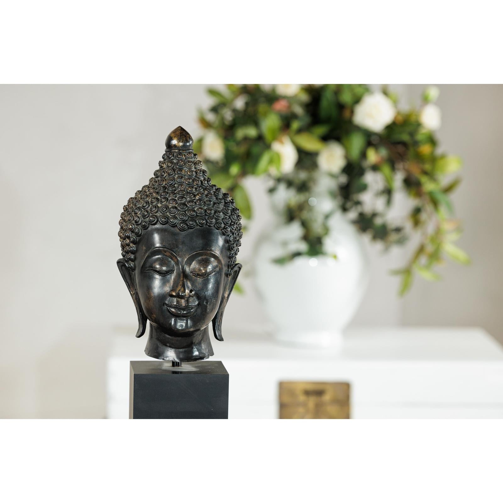 Vintage Bronze Buddha Head Sculpture Mounted on Black Laminate Display Base-16. Asian &amp; Chinese Furniture, Art, Antiques, Vintage Home Décor for sale at FEA Home
