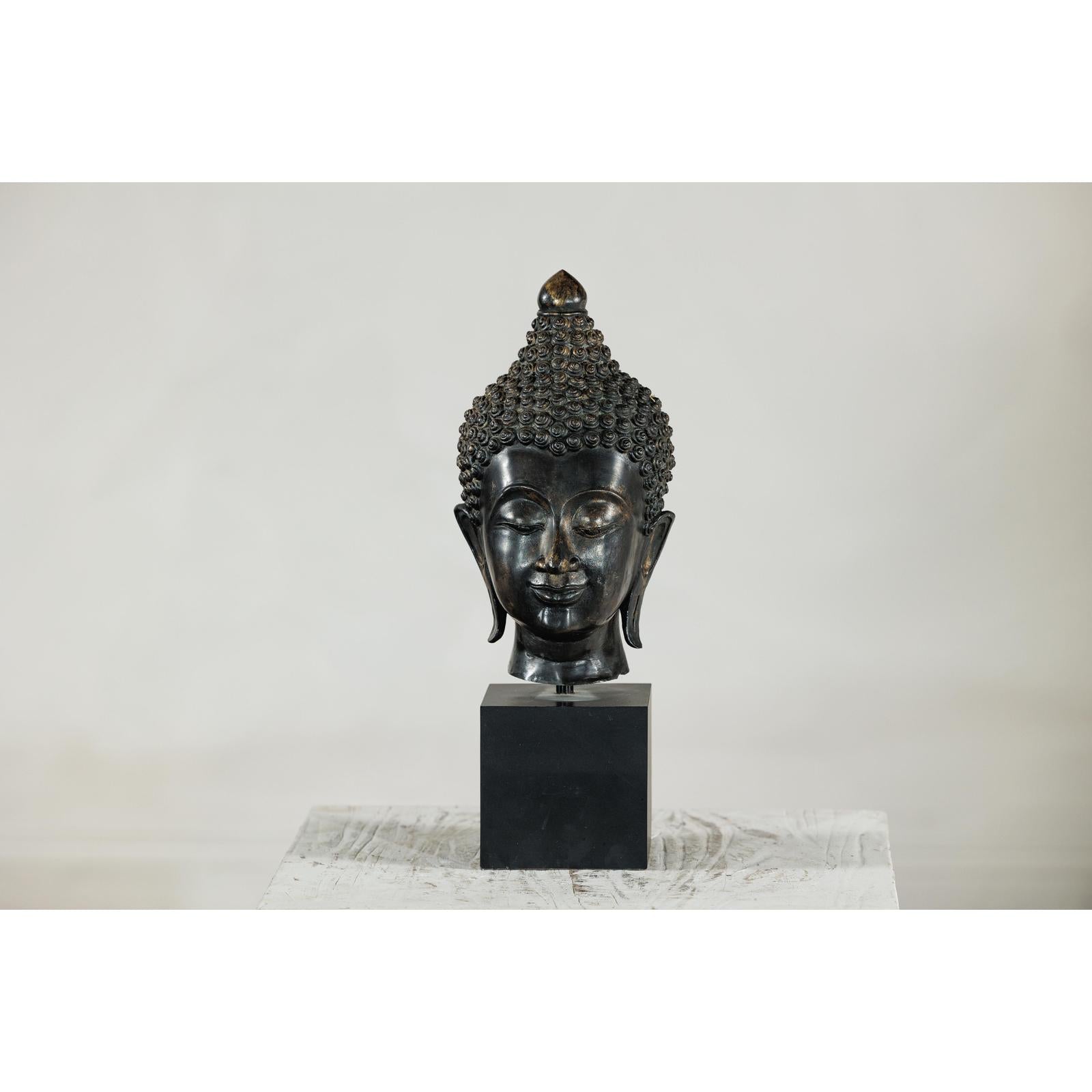 Vintage Bronze Buddha Head Sculpture Mounted on Black Laminate Display Base-17. Asian &amp; Chinese Furniture, Art, Antiques, Vintage Home Décor for sale at FEA Home
