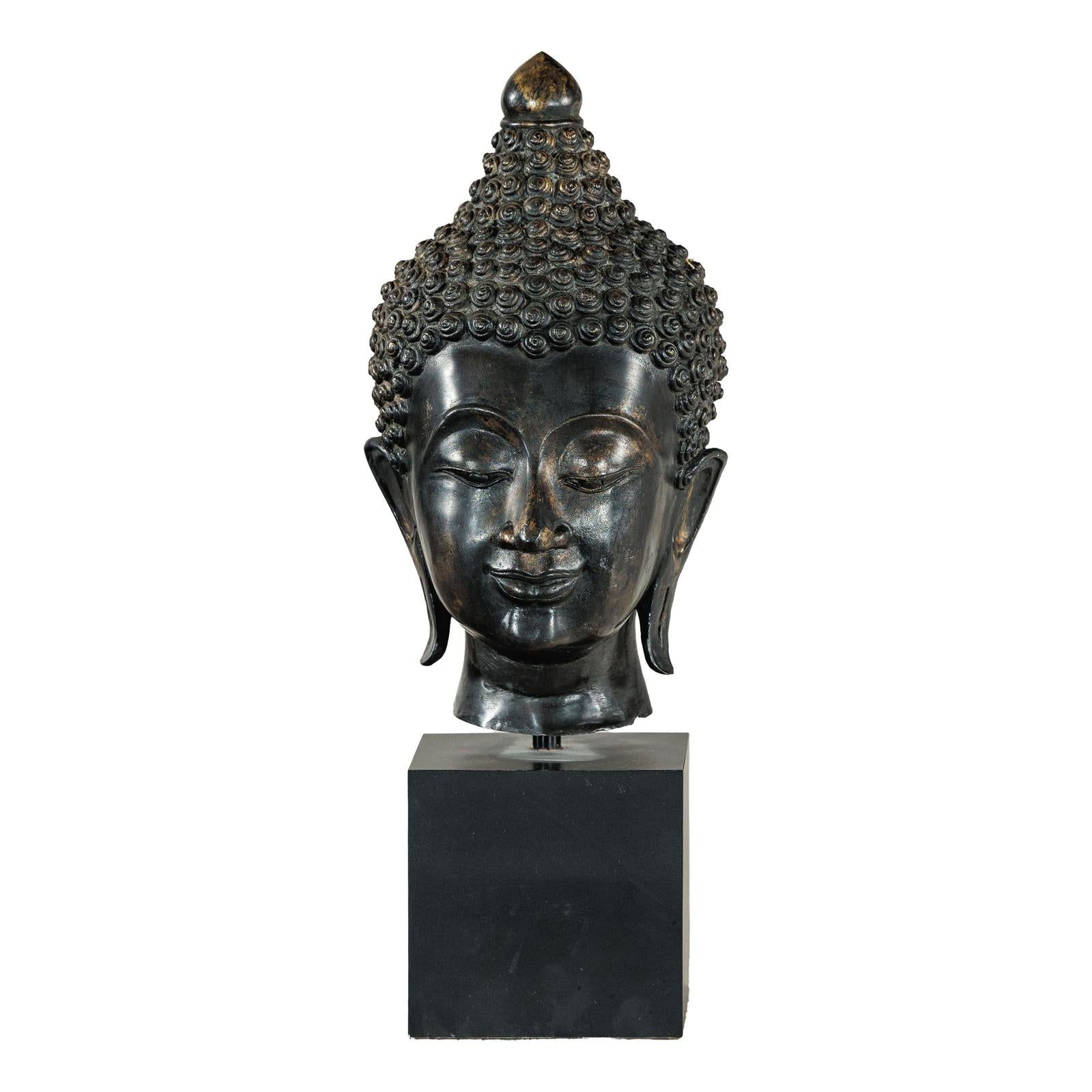 Vintage Bronze Buddha Head Sculpture Mounted on Black Laminate Display Base-18. Asian &amp; Chinese Furniture, Art, Antiques, Vintage Home Décor for sale at FEA Home