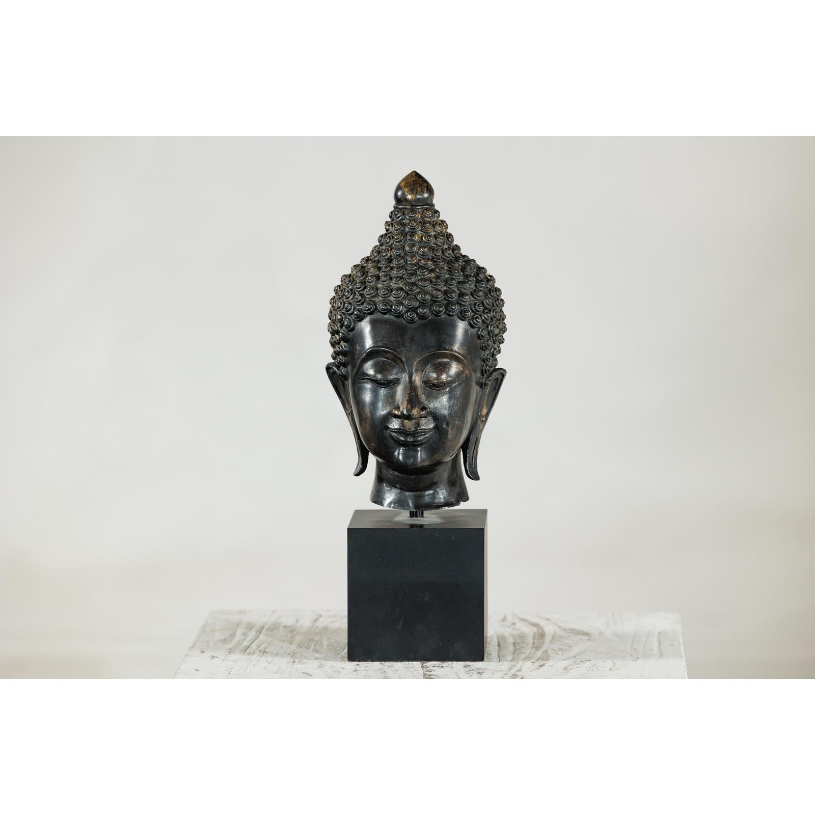 Vintage Bronze Buddha Head Sculpture Mounted on Black Laminate Display Base-3. Asian &amp; Chinese Furniture, Art, Antiques, Vintage Home Décor for sale at FEA Home
