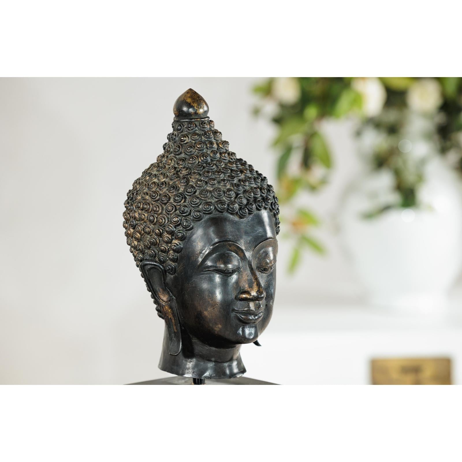 Vintage Bronze Buddha Head Sculpture Mounted on Black Laminate Display Base-4. Asian &amp; Chinese Furniture, Art, Antiques, Vintage Home Décor for sale at FEA Home