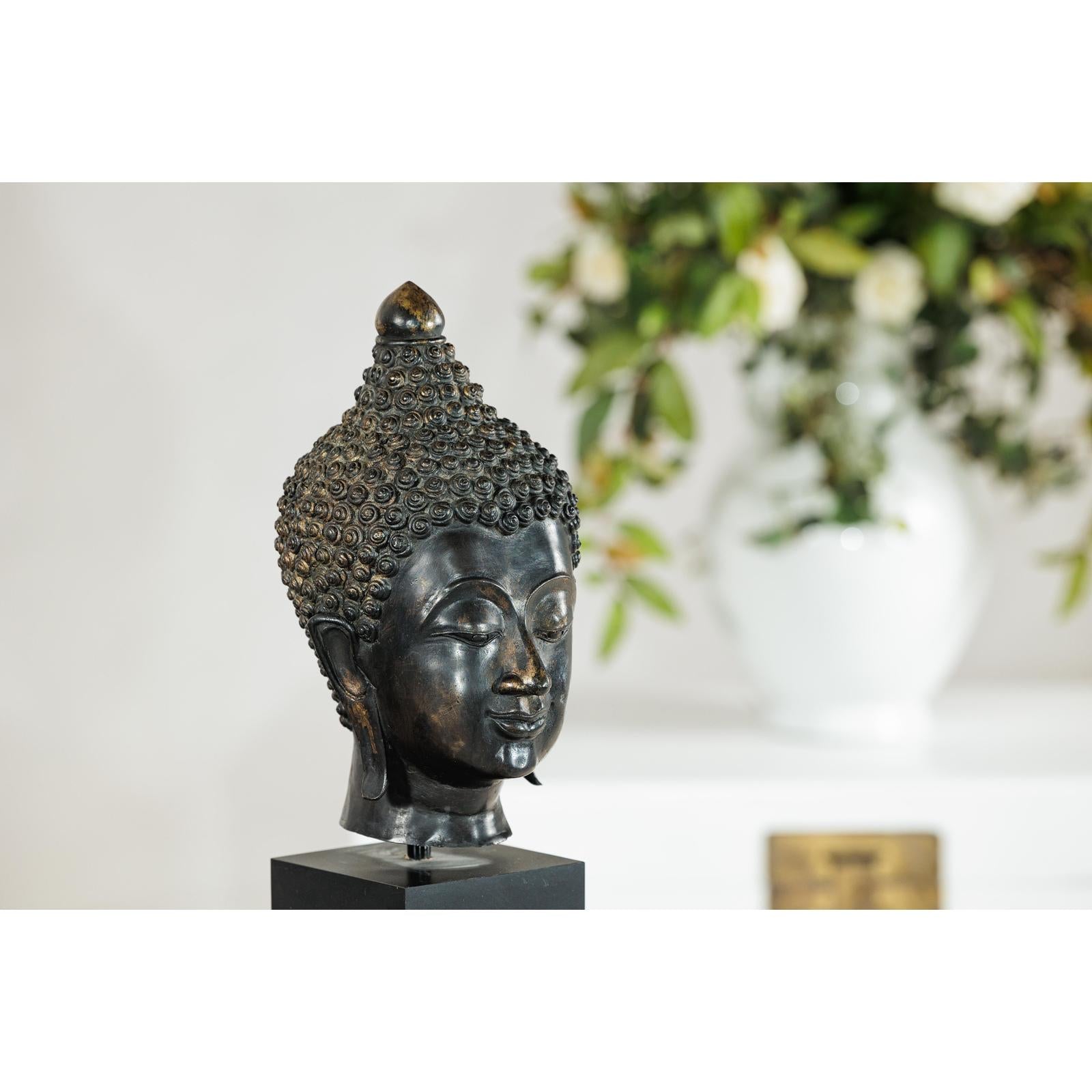 Vintage Bronze Buddha Head Sculpture Mounted on Black Laminate Display Base-5. Asian &amp; Chinese Furniture, Art, Antiques, Vintage Home Décor for sale at FEA Home