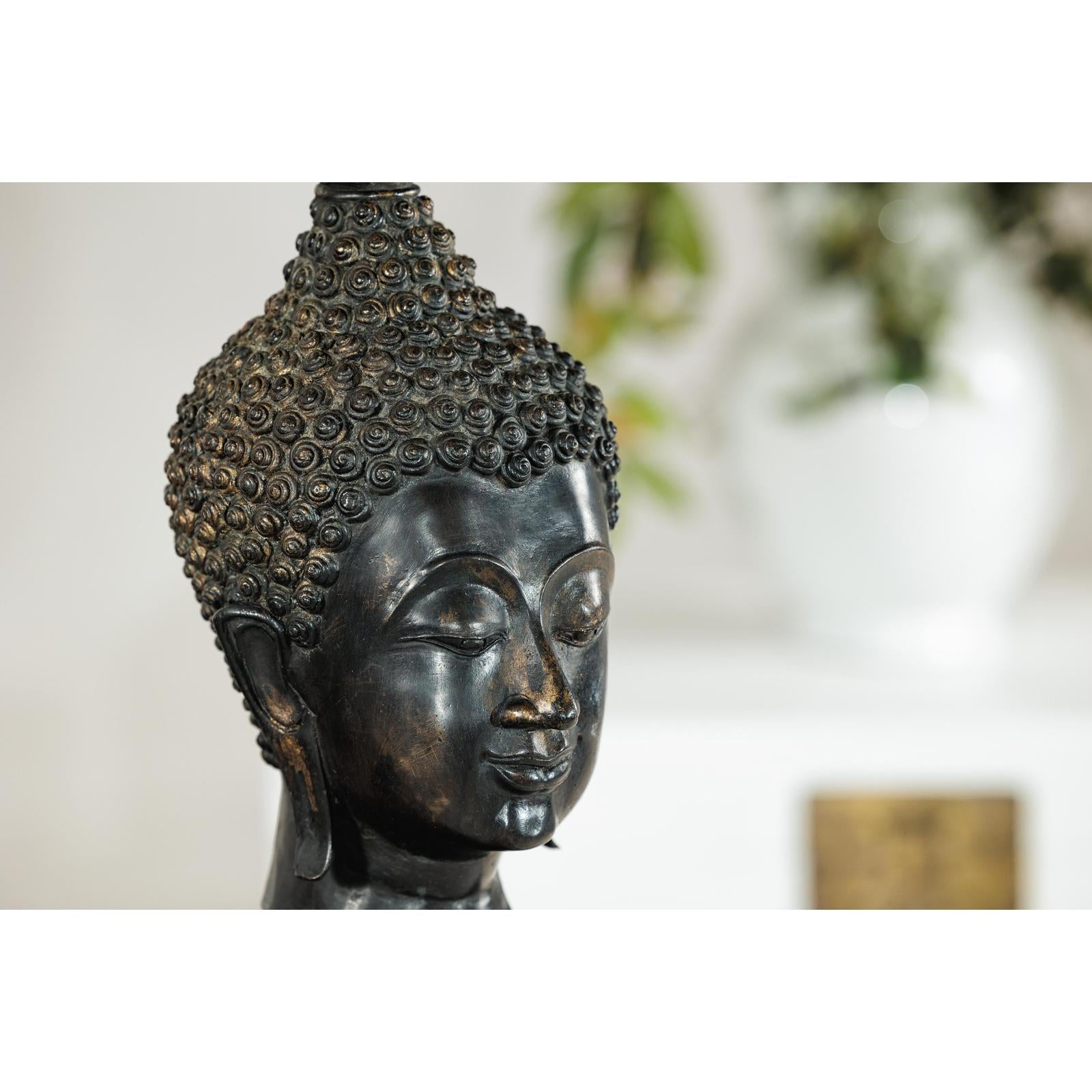 Vintage Bronze Buddha Head Sculpture Mounted on Black Laminate Display Base-6. Asian &amp; Chinese Furniture, Art, Antiques, Vintage Home Décor for sale at FEA Home