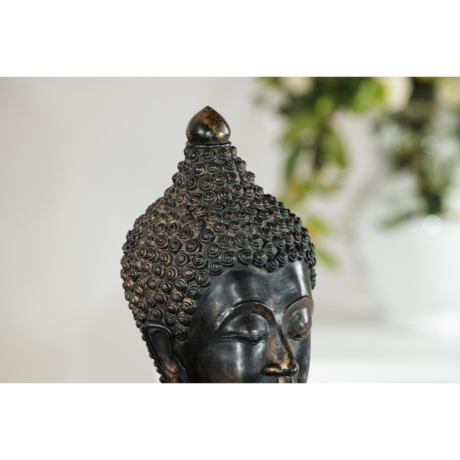 Vintage Bronze Buddha Head Sculpture Mounted on Black Laminate Display Base-7. Asian &amp; Chinese Furniture, Art, Antiques, Vintage Home Décor for sale at FEA Home