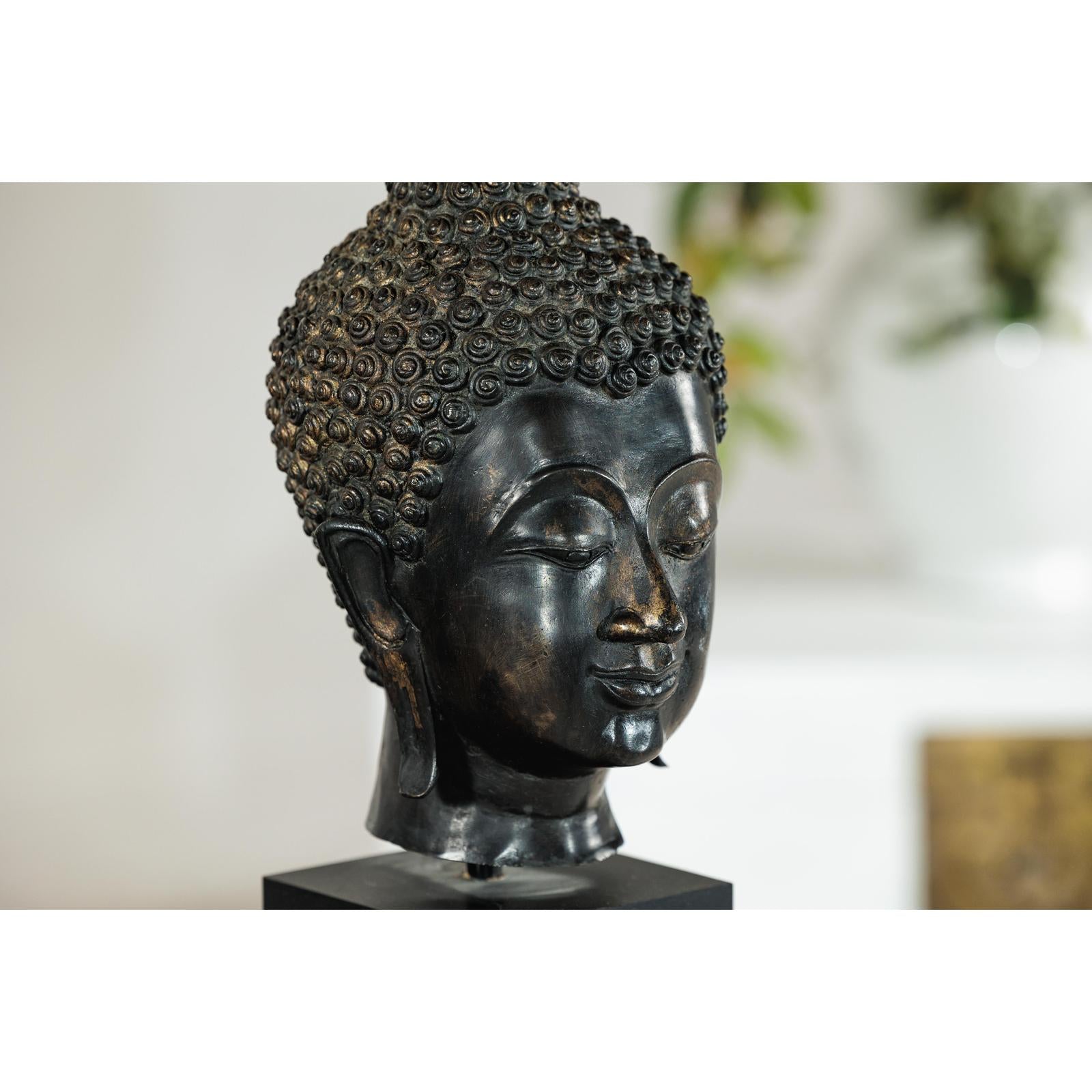 Vintage Bronze Buddha Head Sculpture Mounted on Black Laminate Display Base-8. Asian &amp; Chinese Furniture, Art, Antiques, Vintage Home Décor for sale at FEA Home
