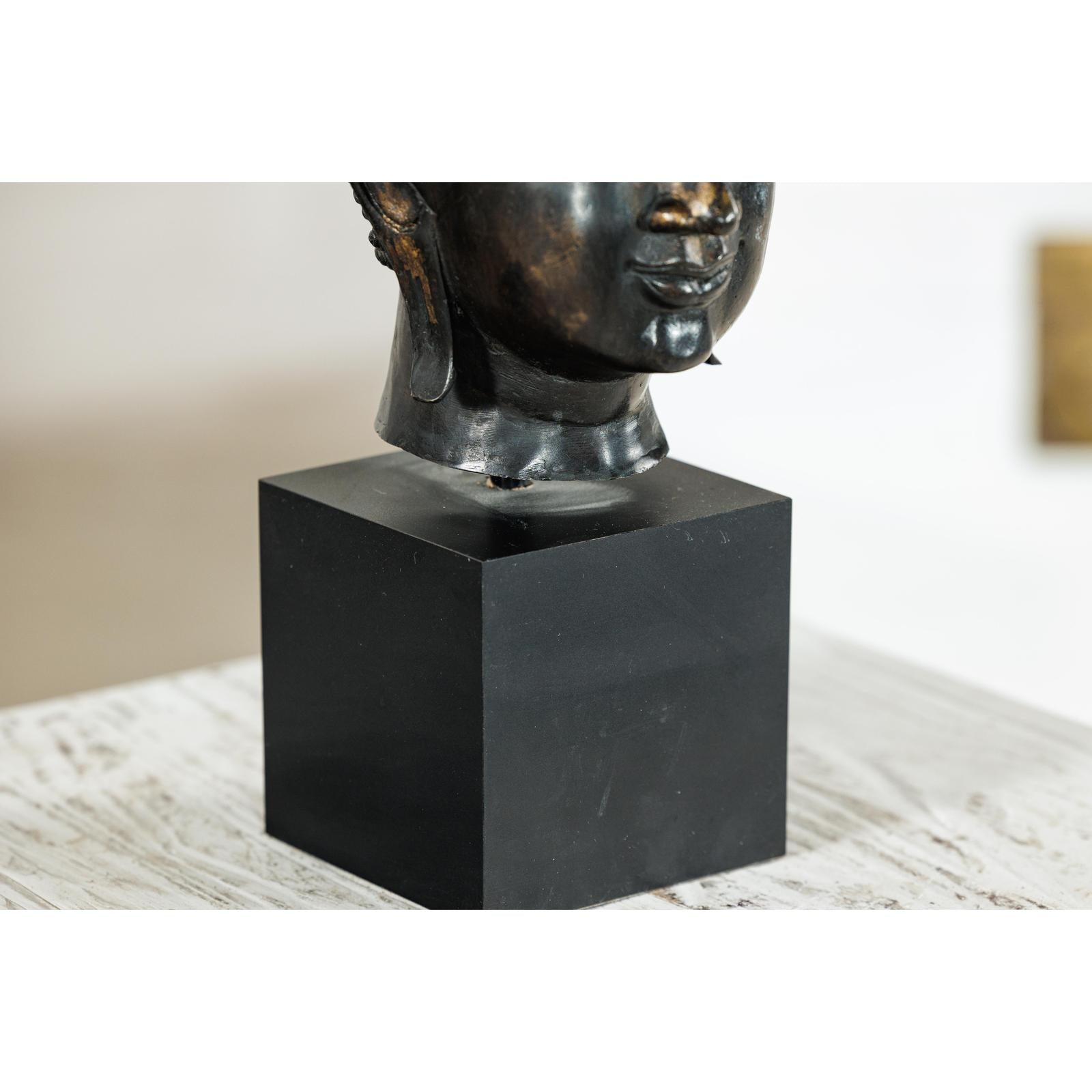 Vintage Bronze Buddha Head Sculpture Mounted on Black Laminate Display Base-9. Asian &amp; Chinese Furniture, Art, Antiques, Vintage Home Décor for sale at FEA Home