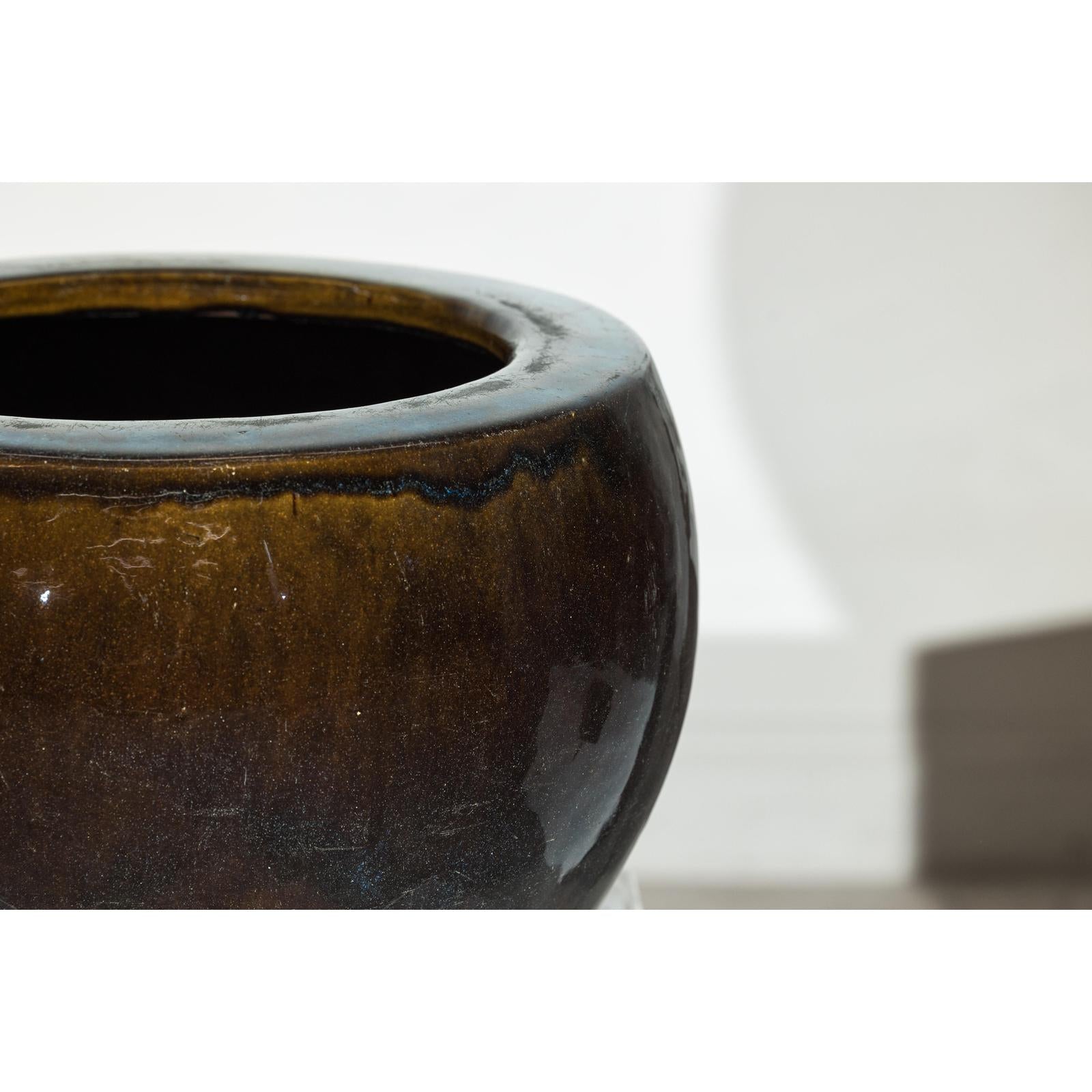 Vintage Brown and Blue Glazed Ceramic Planter with Rounded Form