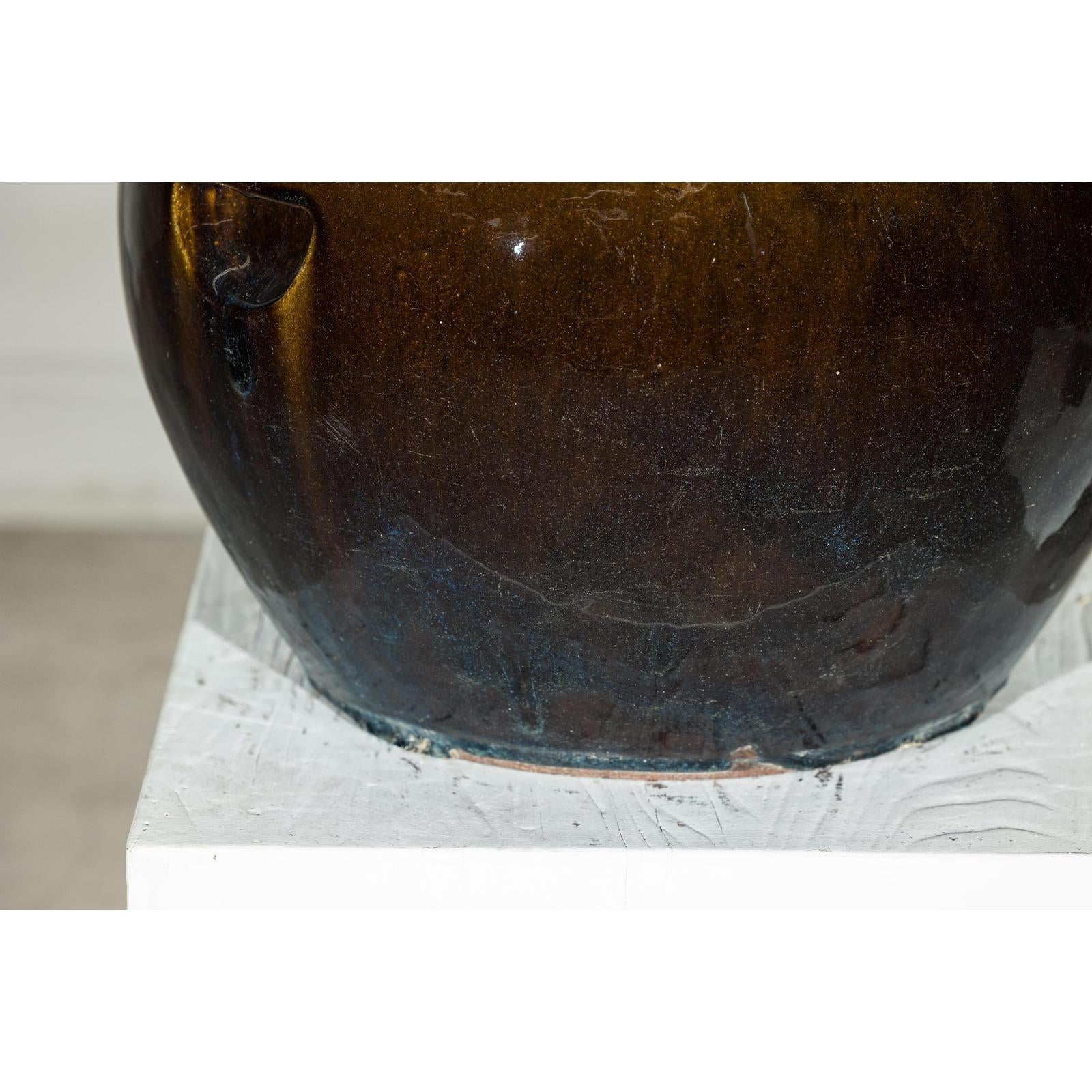 Vintage Brown and Blue Glazed Ceramic Planter with Rounded Form
