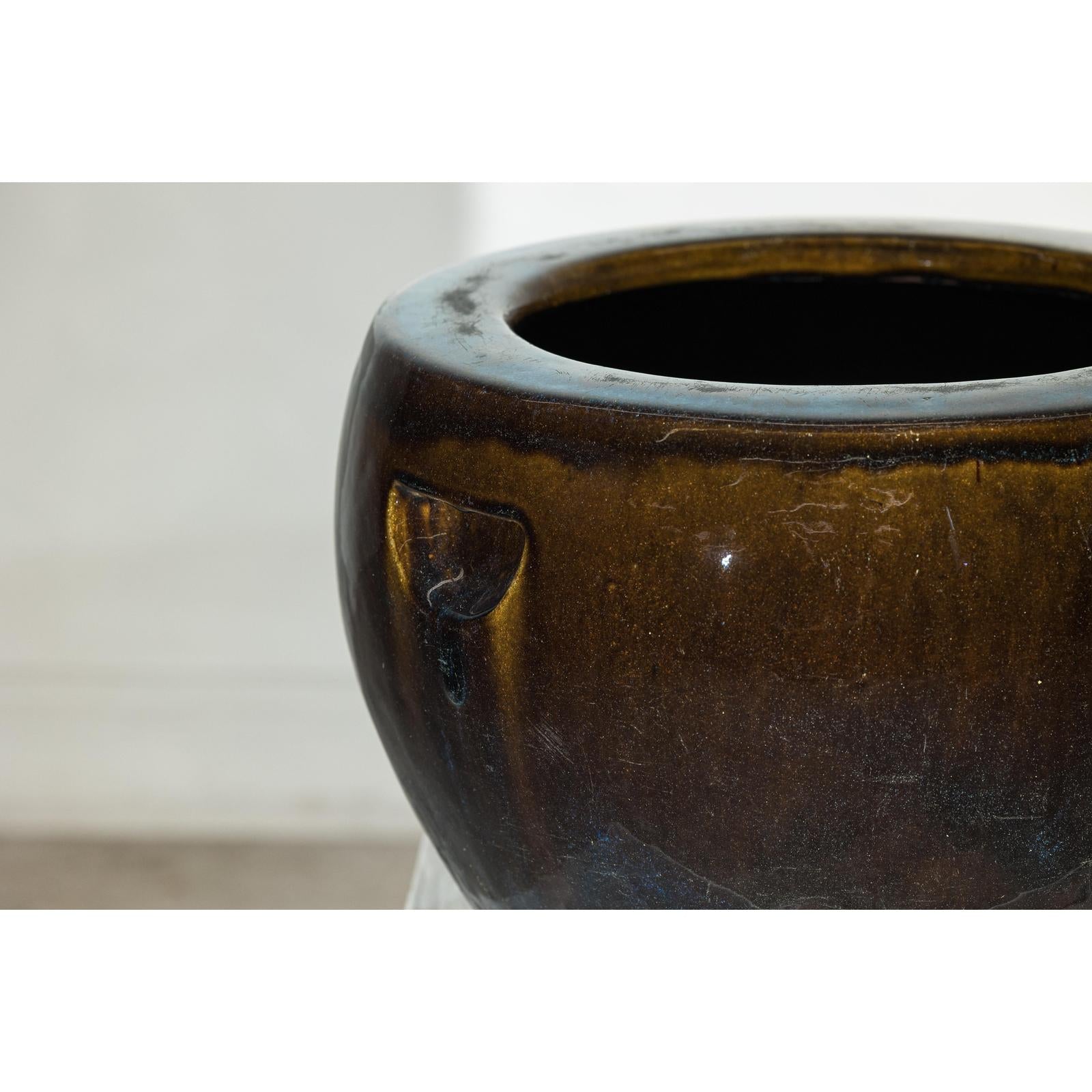 Vintage Brown and Blue Glazed Ceramic Planter with Rounded Form