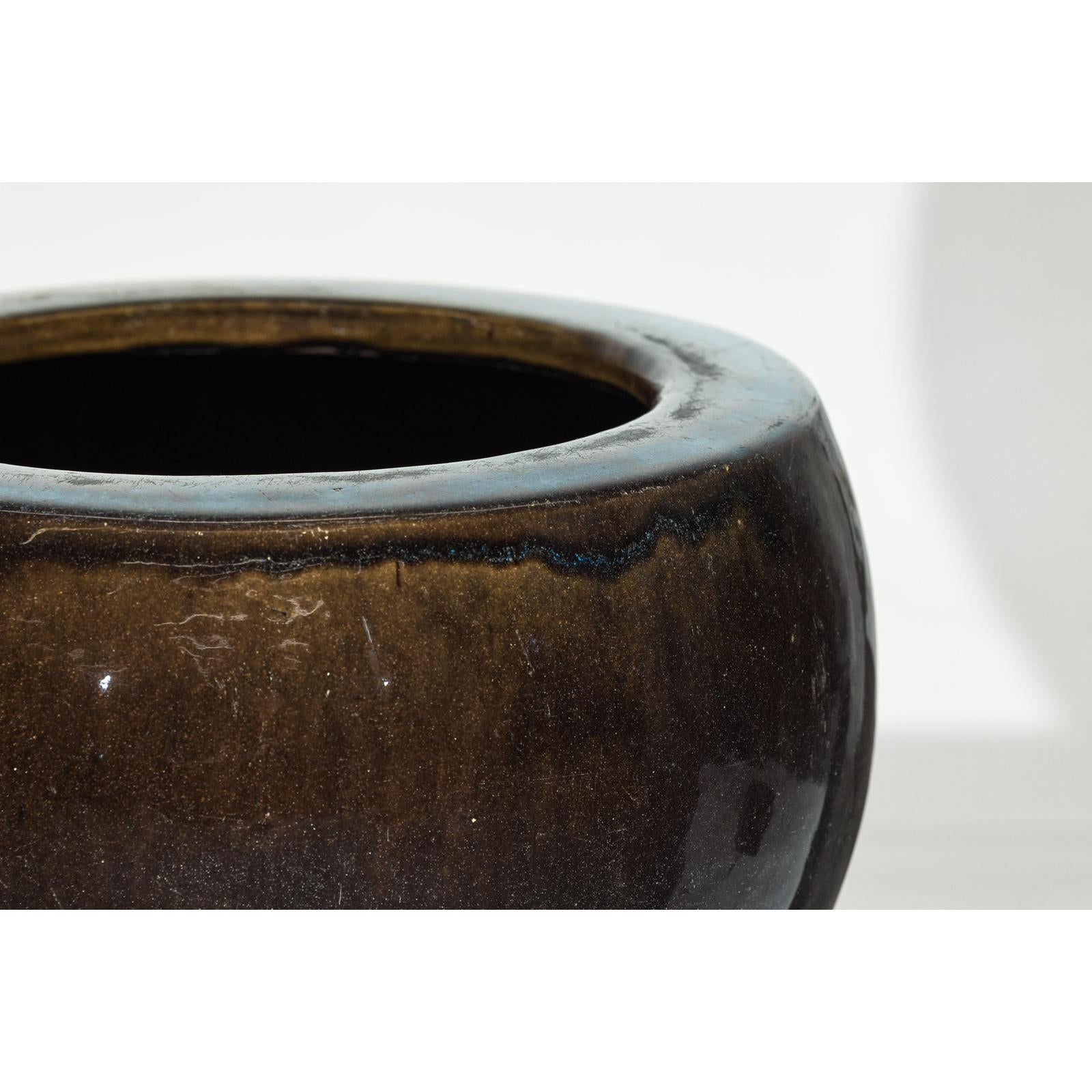 Vintage Brown and Blue Glazed Ceramic Planter with Rounded Form