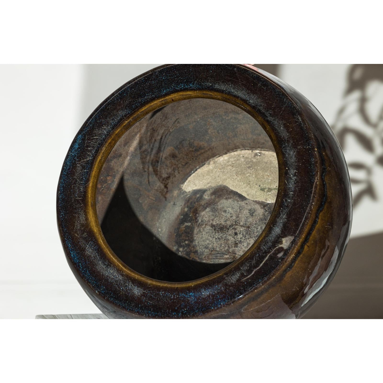 Vintage Brown and Blue Glazed Ceramic Planter with Rounded Form