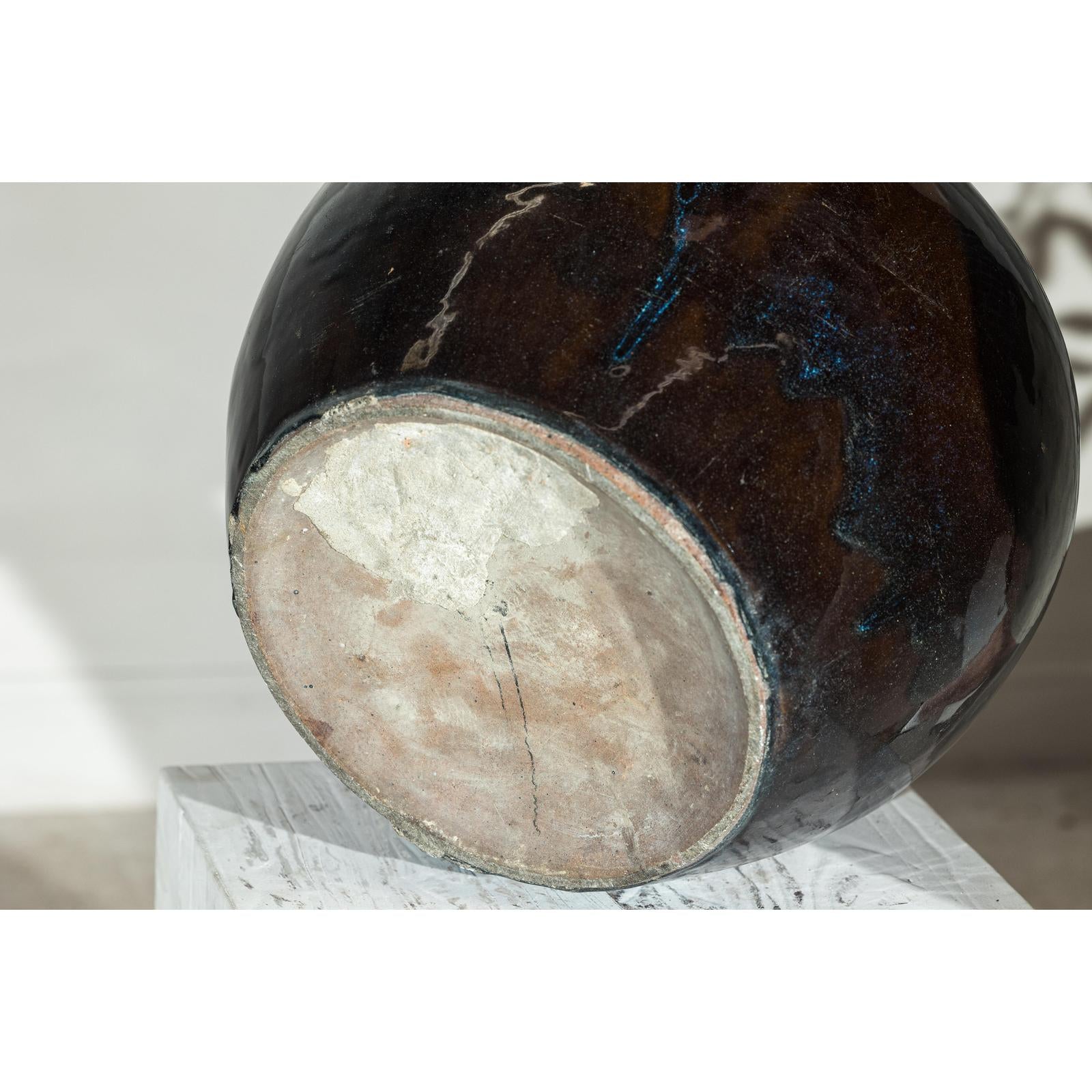 Vintage Brown and Blue Glazed Ceramic Planter with Rounded Form