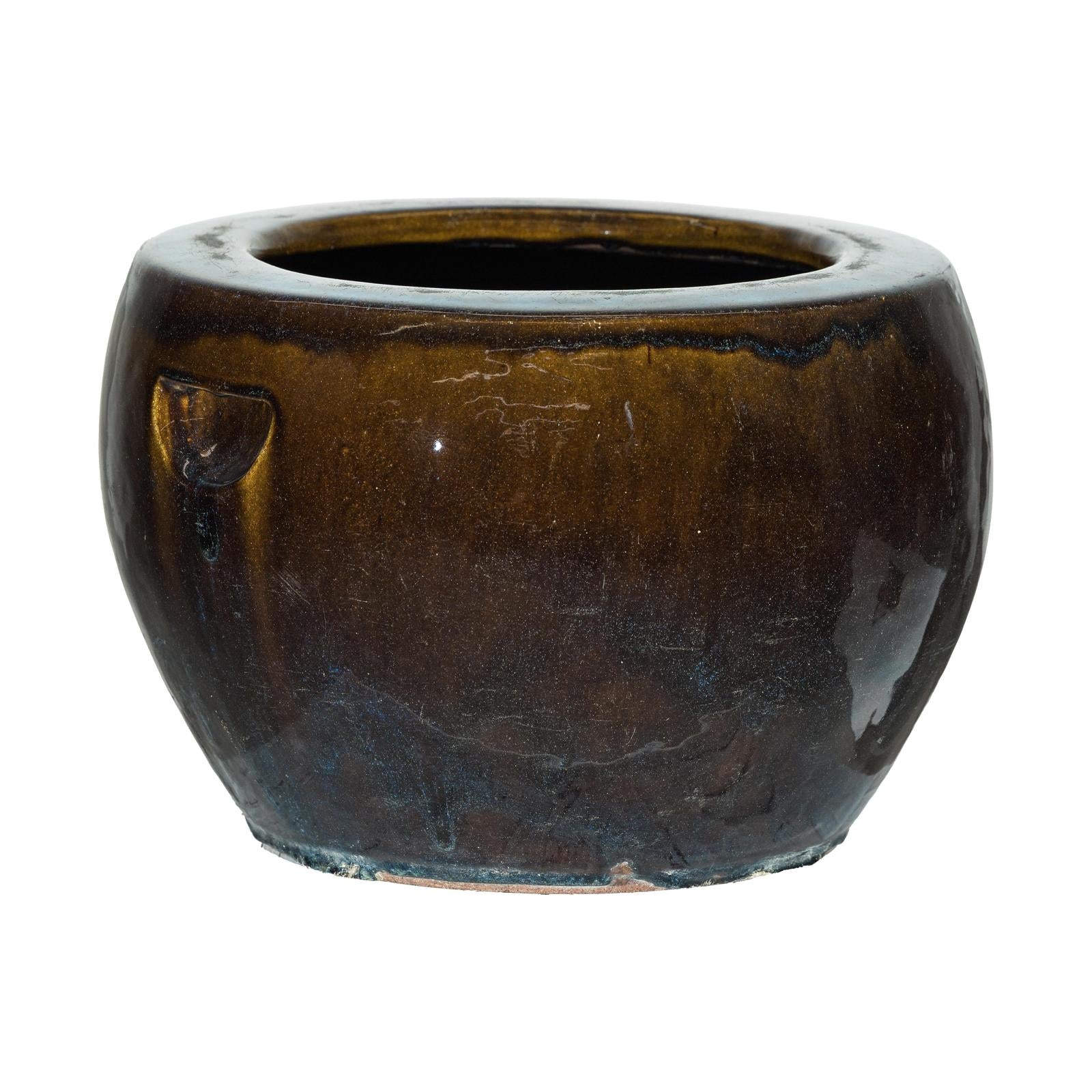 Vintage Brown and Blue Glazed Ceramic Planter with Rounded Form