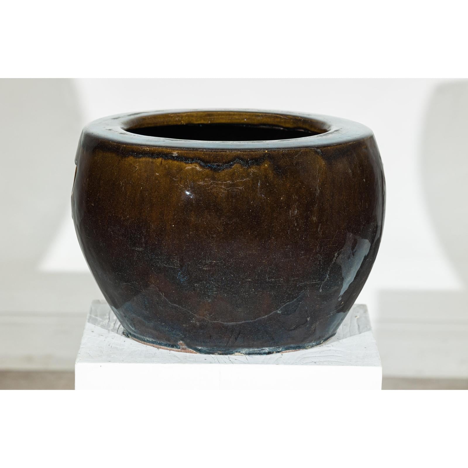 Vintage Brown and Blue Glazed Ceramic Planter with Rounded Form