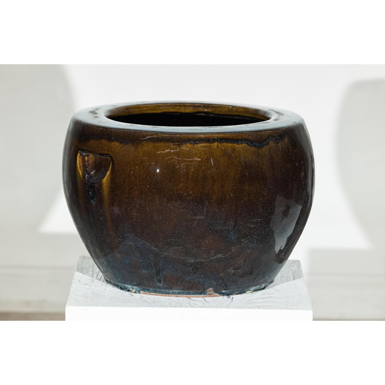 Vintage Brown and Blue Glazed Ceramic Planter with Rounded Form