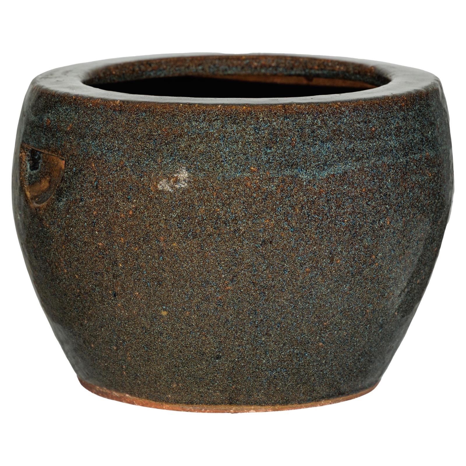 Vintage Brown and Blue Speckled Planter with Wide Opening - image 1
