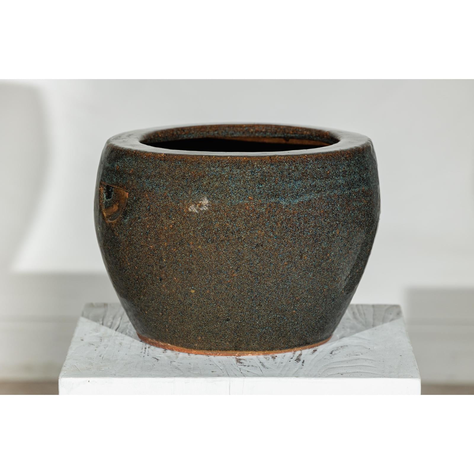 Vintage Brown and Blue Speckled Planter with Wide Opening - image 10